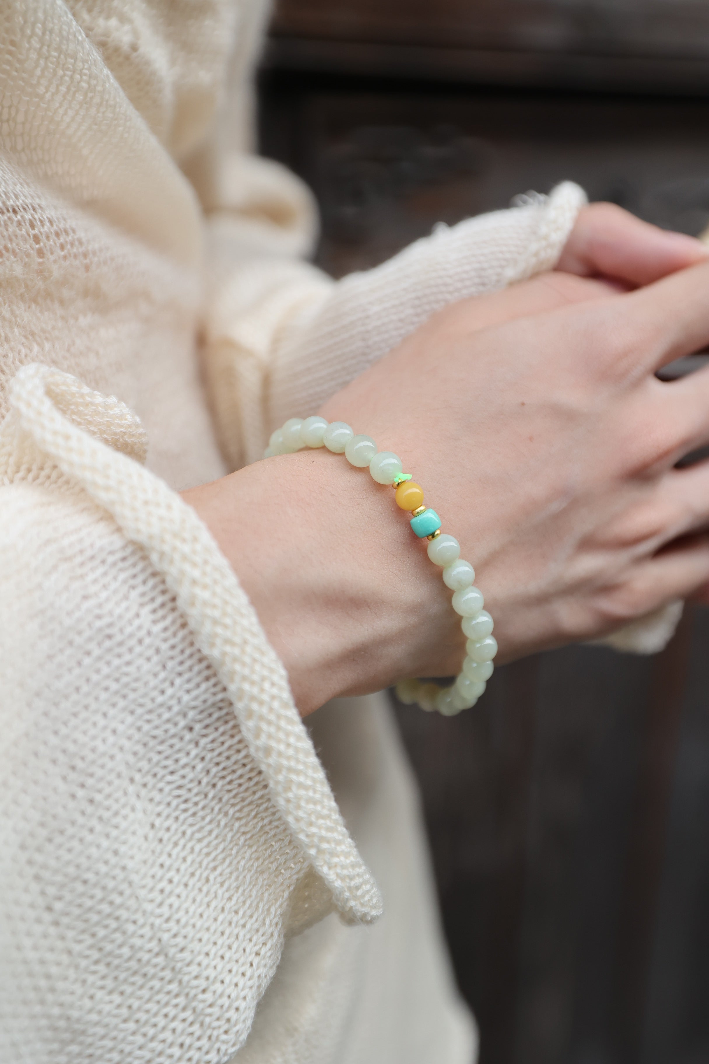 Adjustable Bracelet/Necklace with Hetian Jade, Beeswax, and Linmei Stone