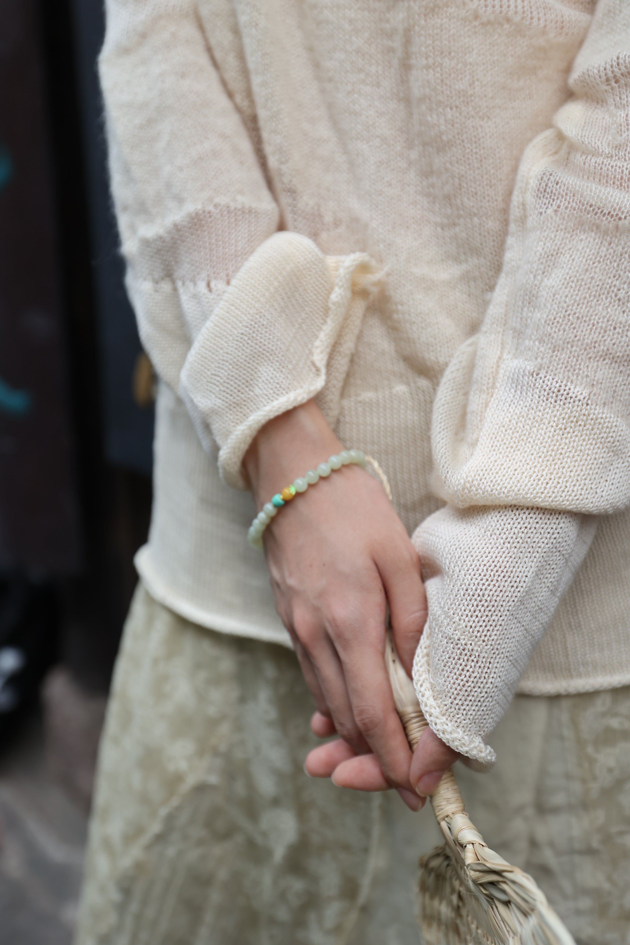 Adjustable Bracelet/Necklace with Hetian Jade, Beeswax, and Linmei Stone