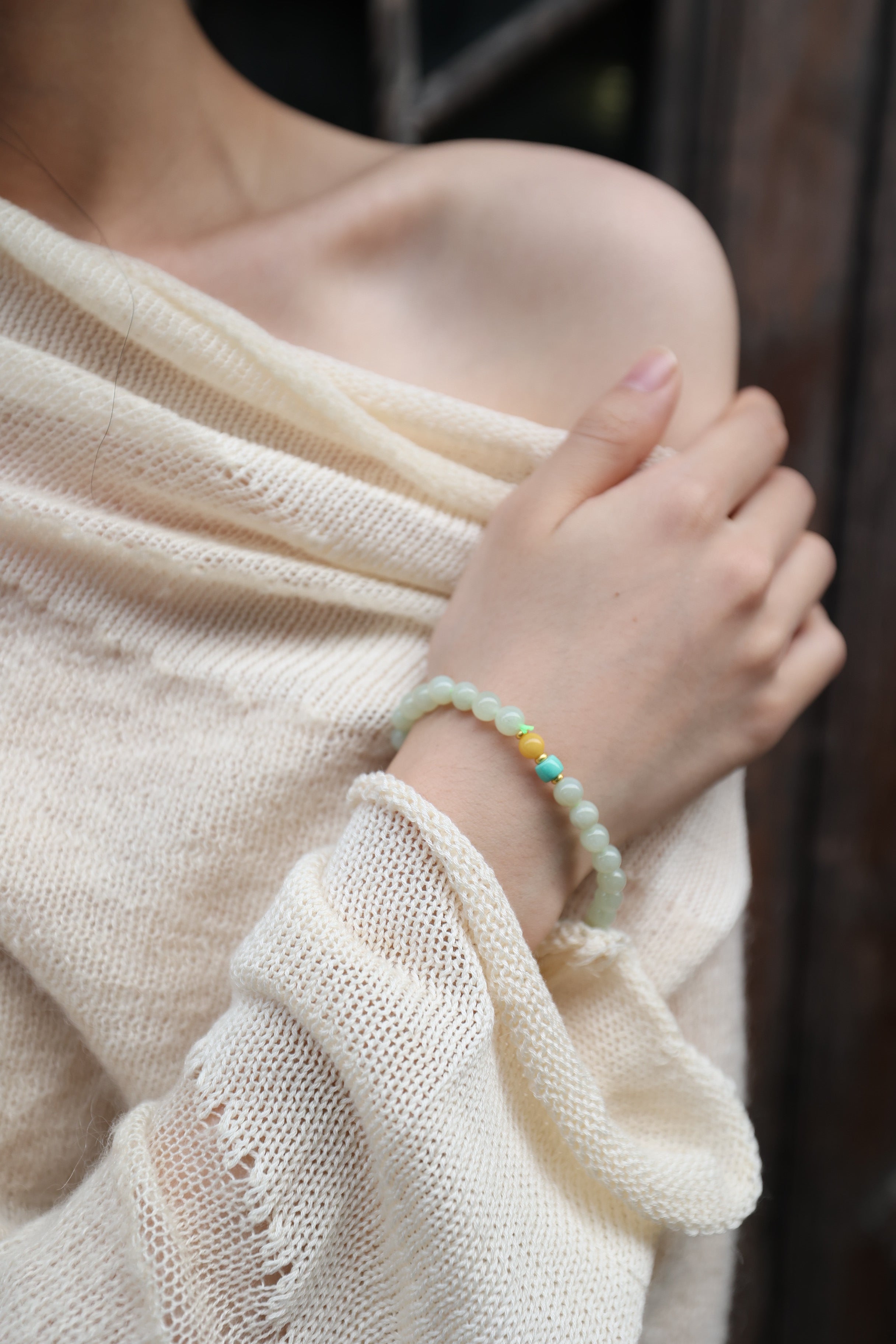 Adjustable Bracelet/Necklace with Hetian Jade, Beeswax, and Linmei Stone