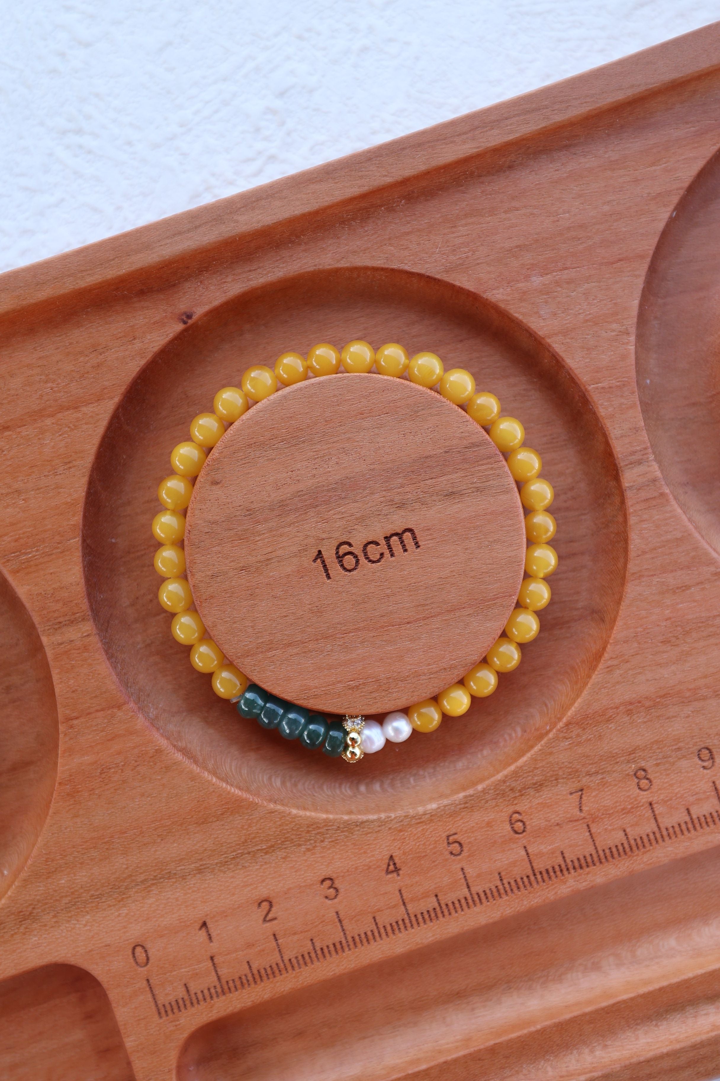 Amber, Jade, and Pearl Bracelet, 16cm with 8mm Beads