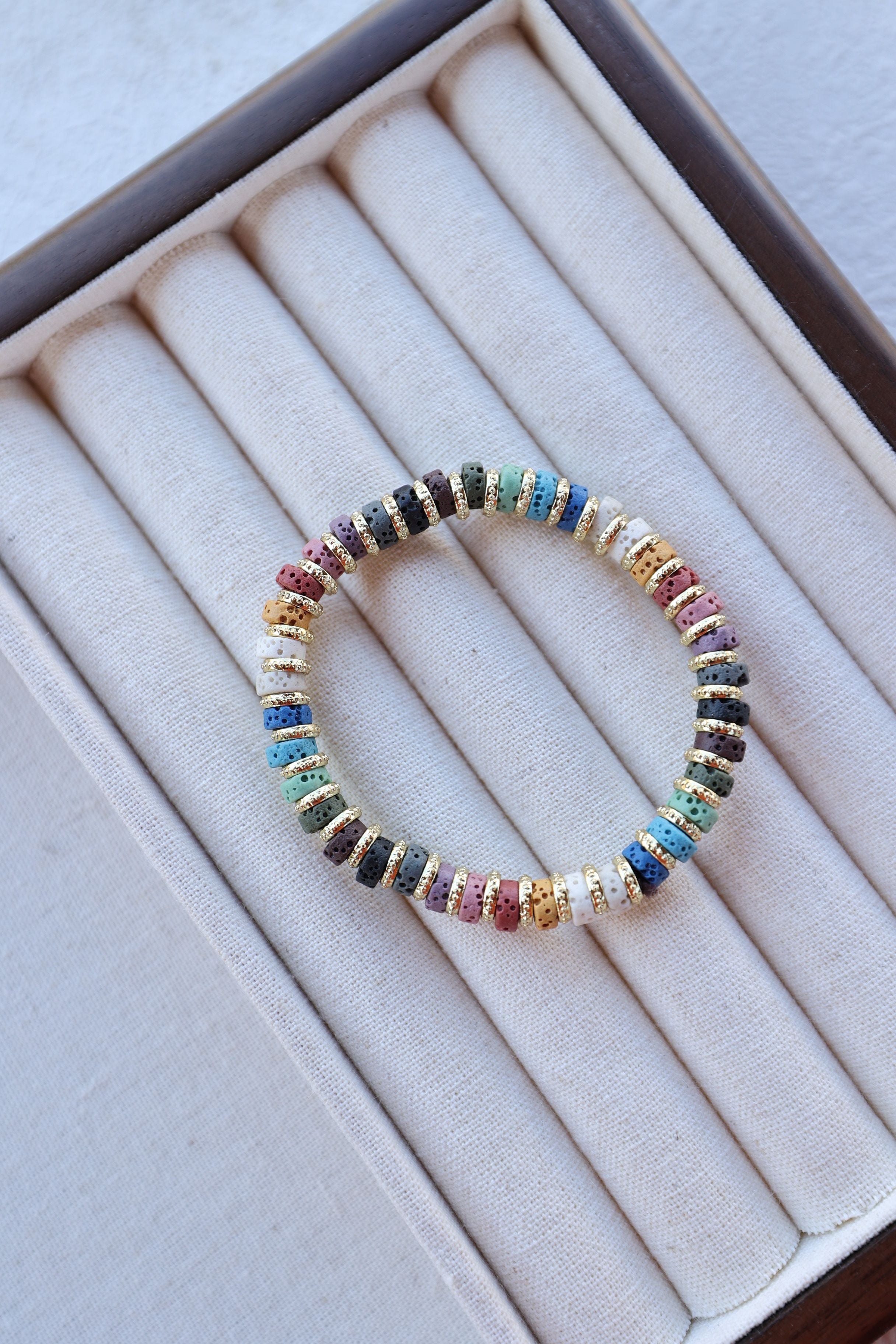 Multicolor Lava Stone Bracelet, 16cm with 7mm Beads