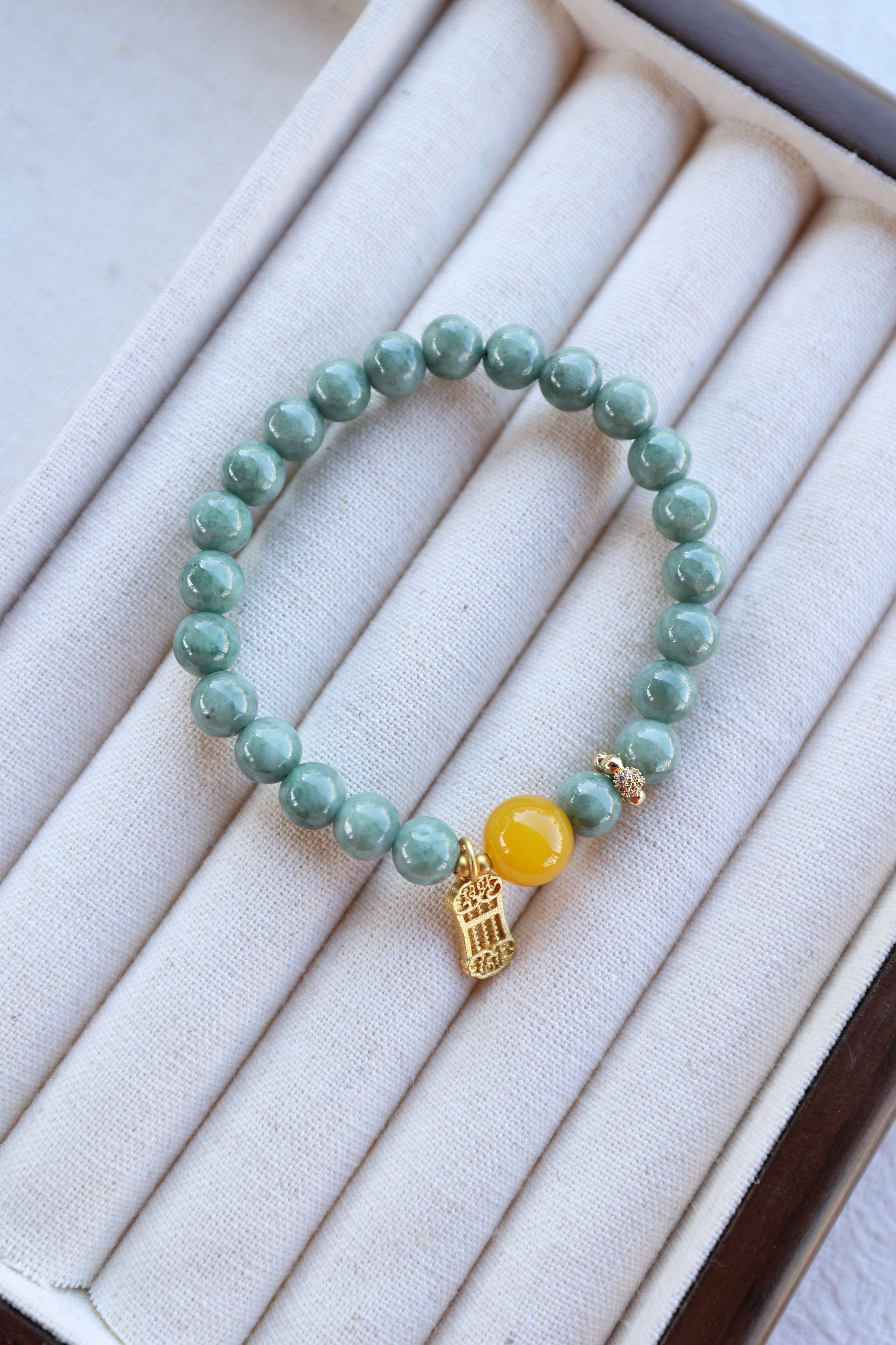 Jade and Yellow Agate Bracelet, 16cm with 8mm Beads