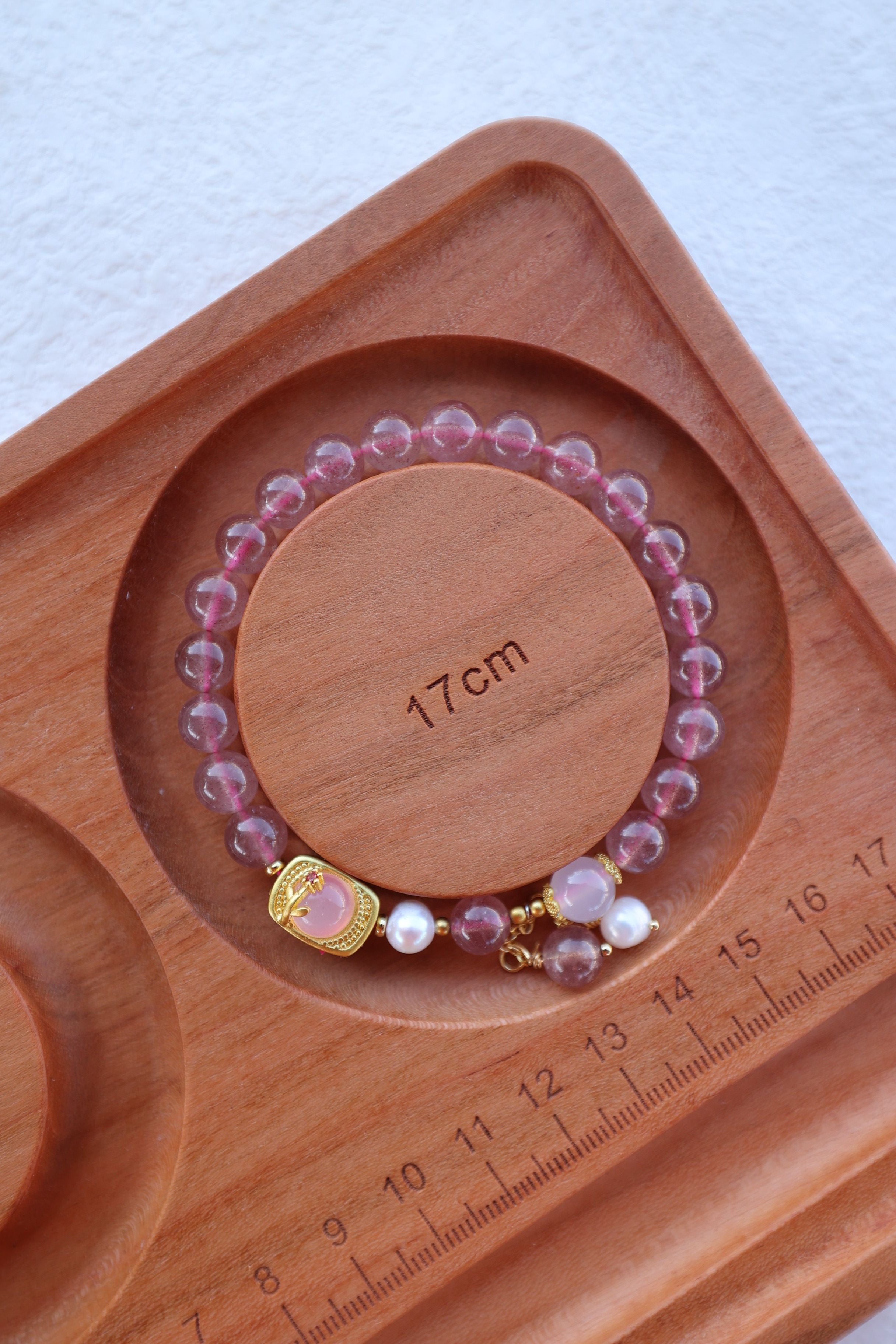 Strawberry Quartz, Pearl, and White Agate Bracelet, 16cm with 8mm Beads