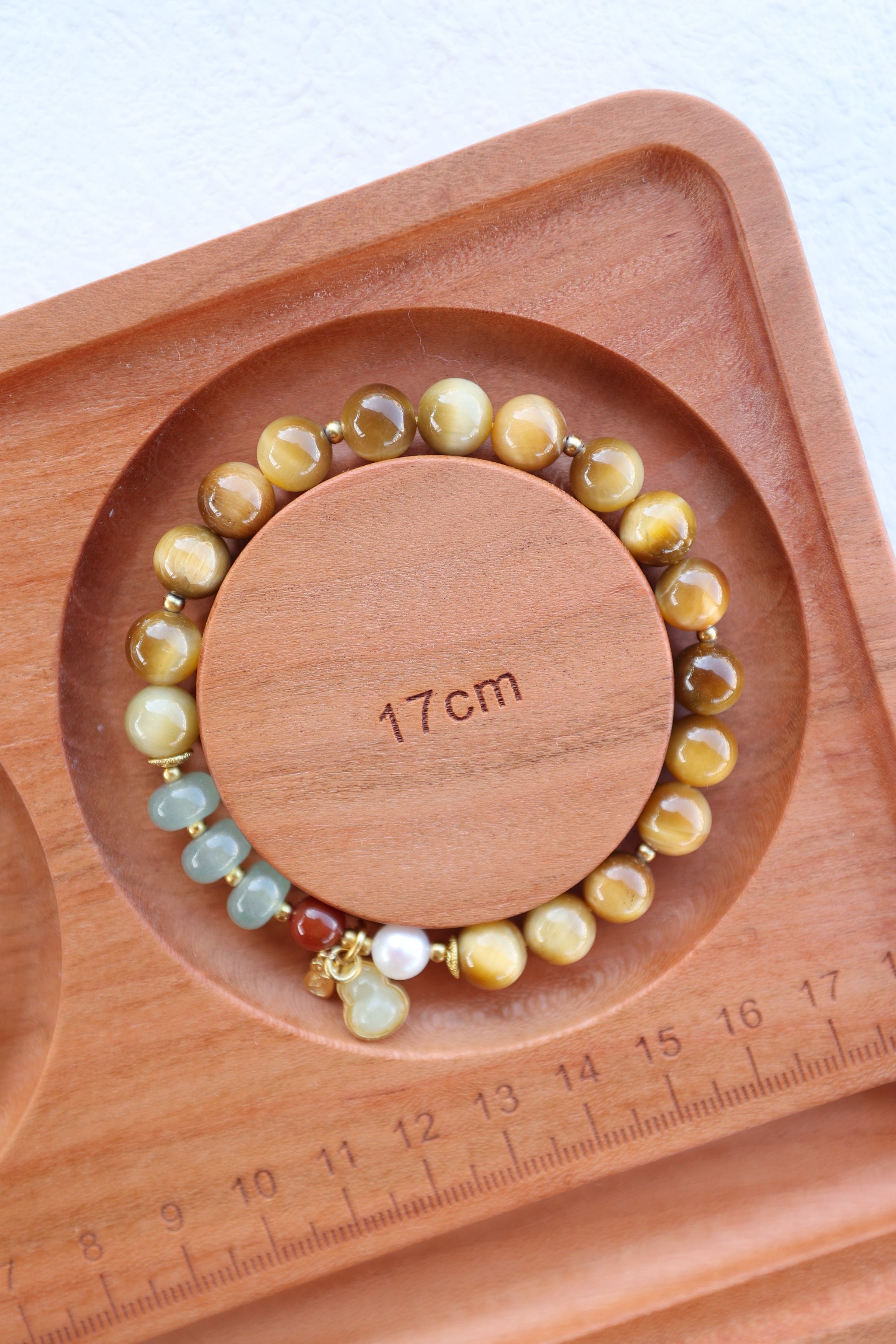 Golden Tiger Eye, Pearl, and Green Aventurine Bracelet, 16cm with 8mm Beads