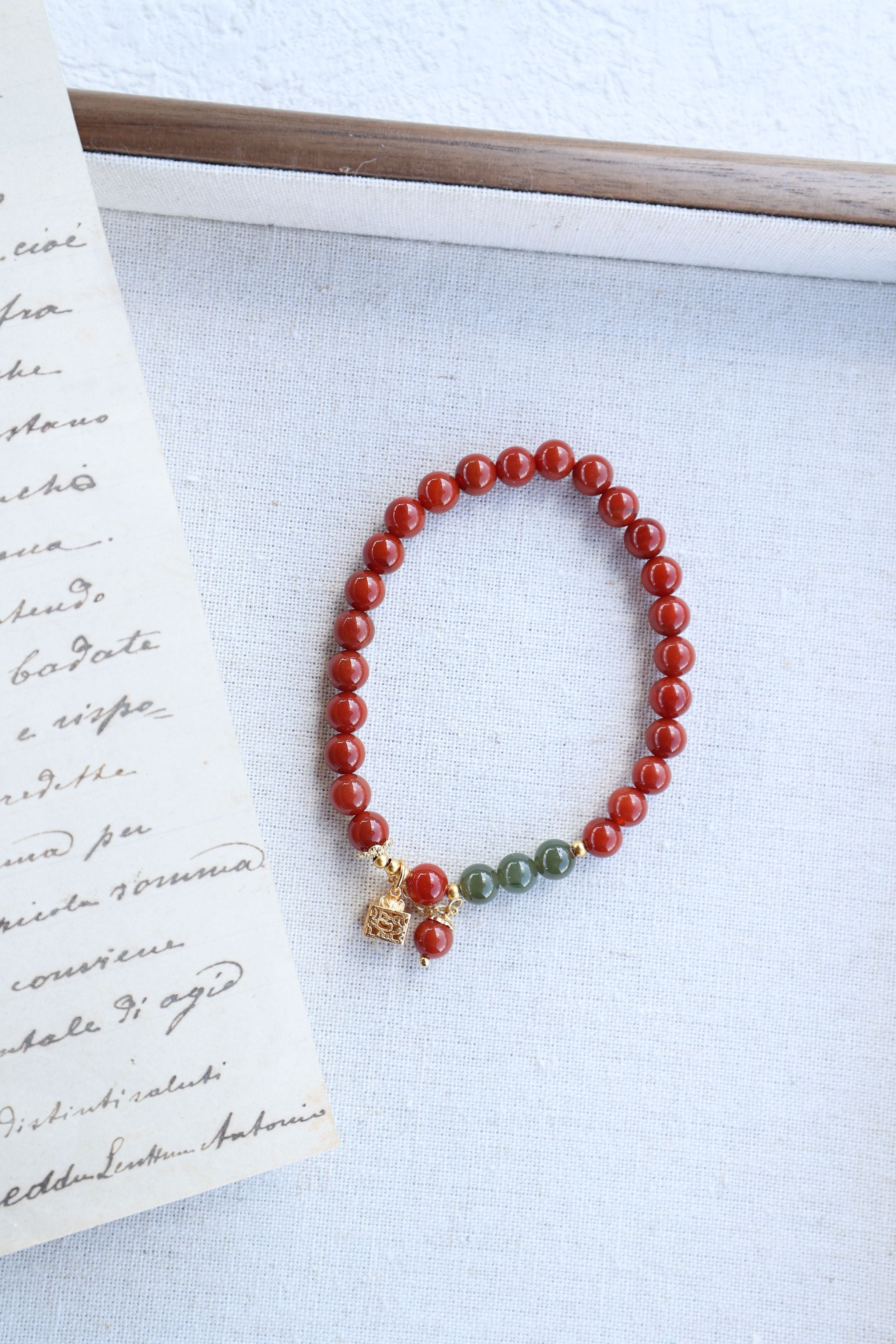 Premium South Red Agate and Green Jade Elastic Bracelet