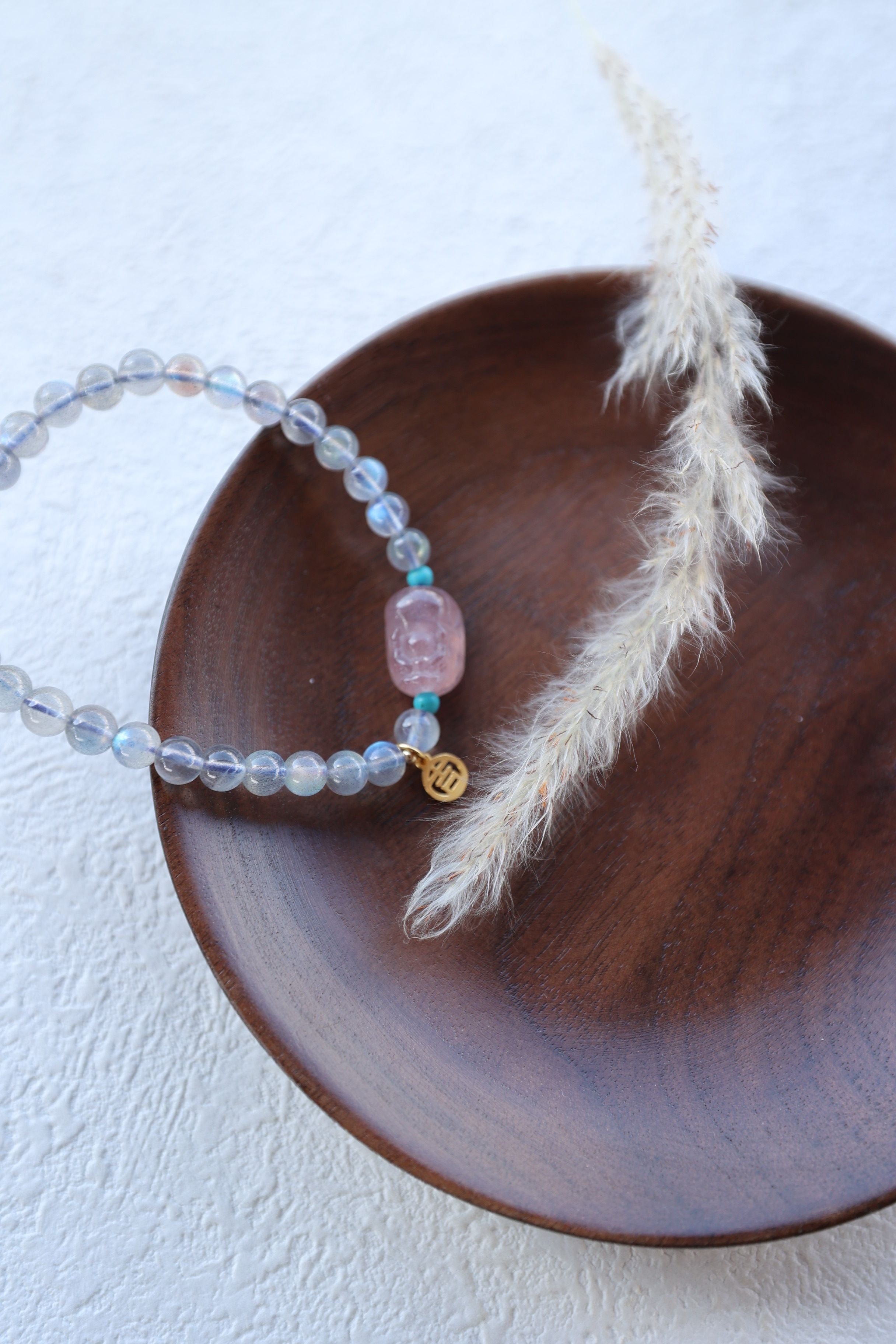 Gray Moonstone and Strawberry Quartz Elastic Bracelet