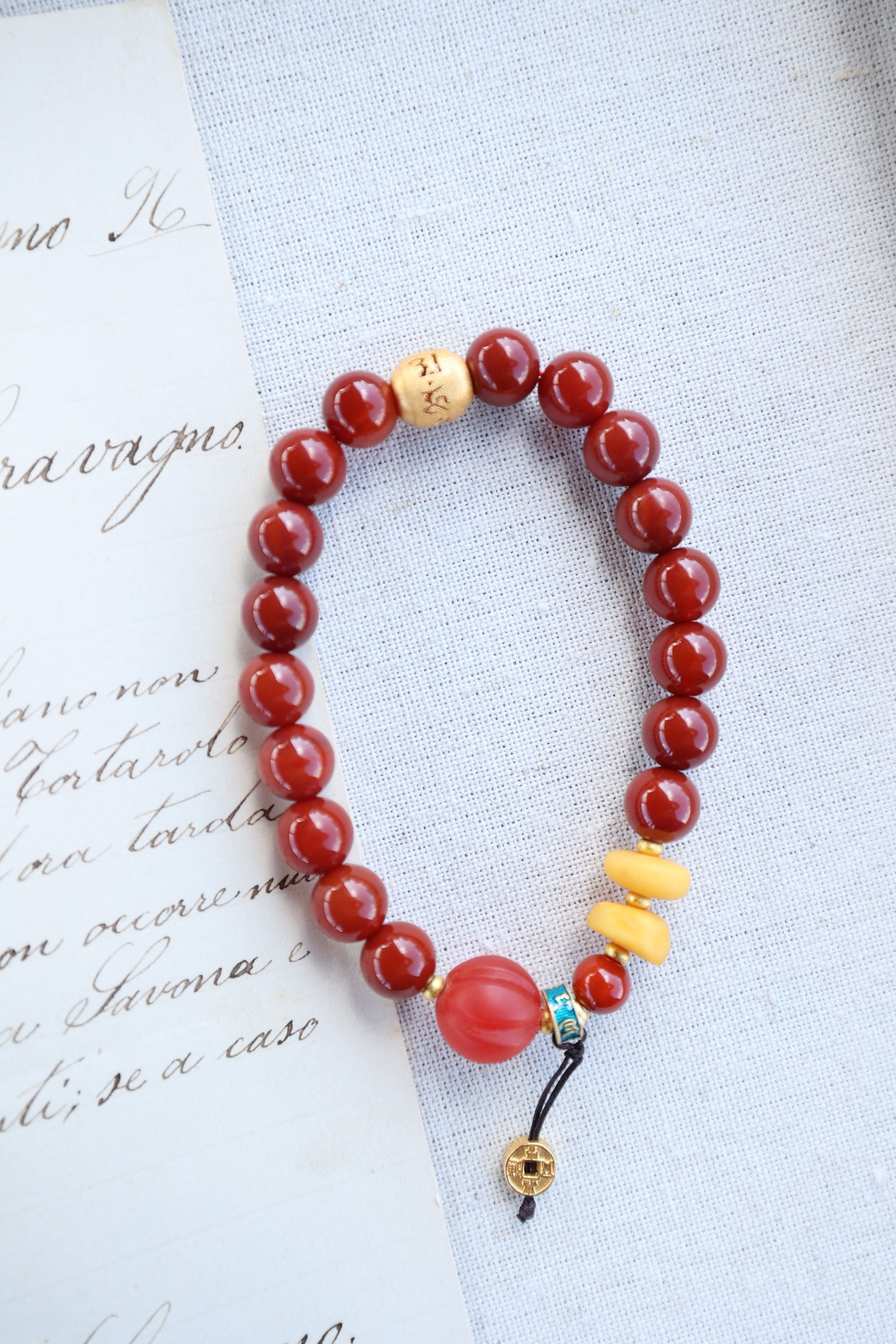 Premium South Red Agate and Amber Elastic Bracelet