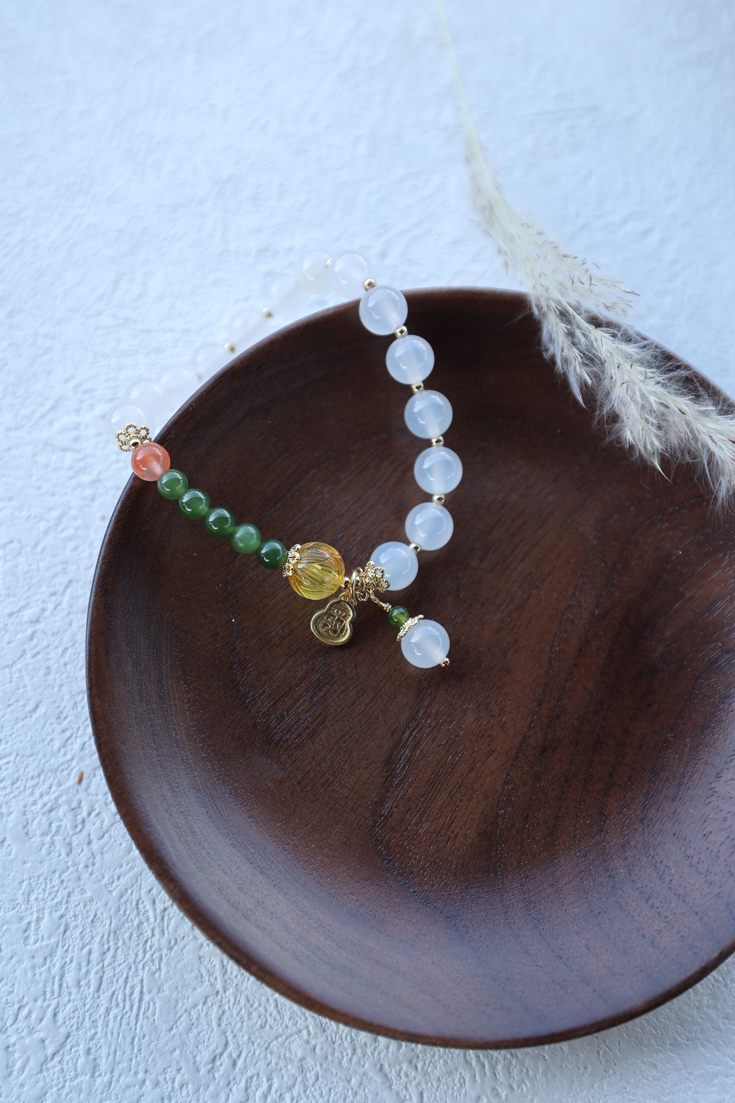 White Agate, Amber, Jasper, and Red Agate Bracelet with Peace Pendant