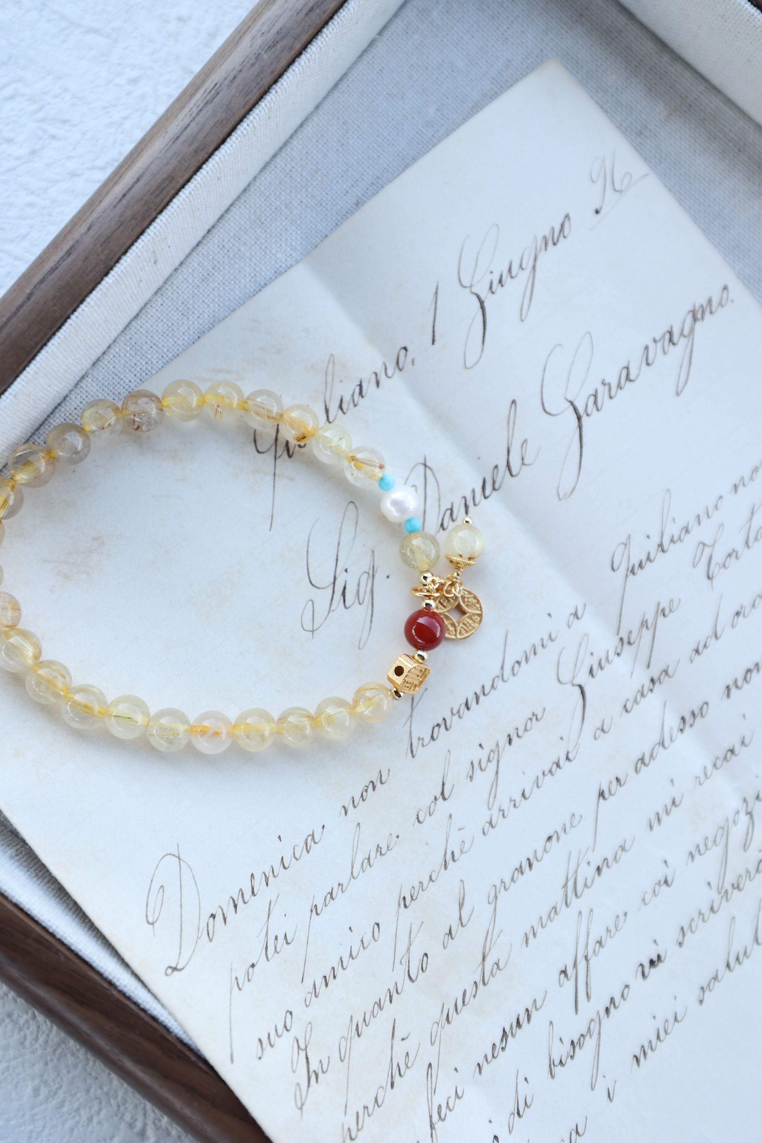 Rutilated Quartz and Pearl Elastic Bracelet