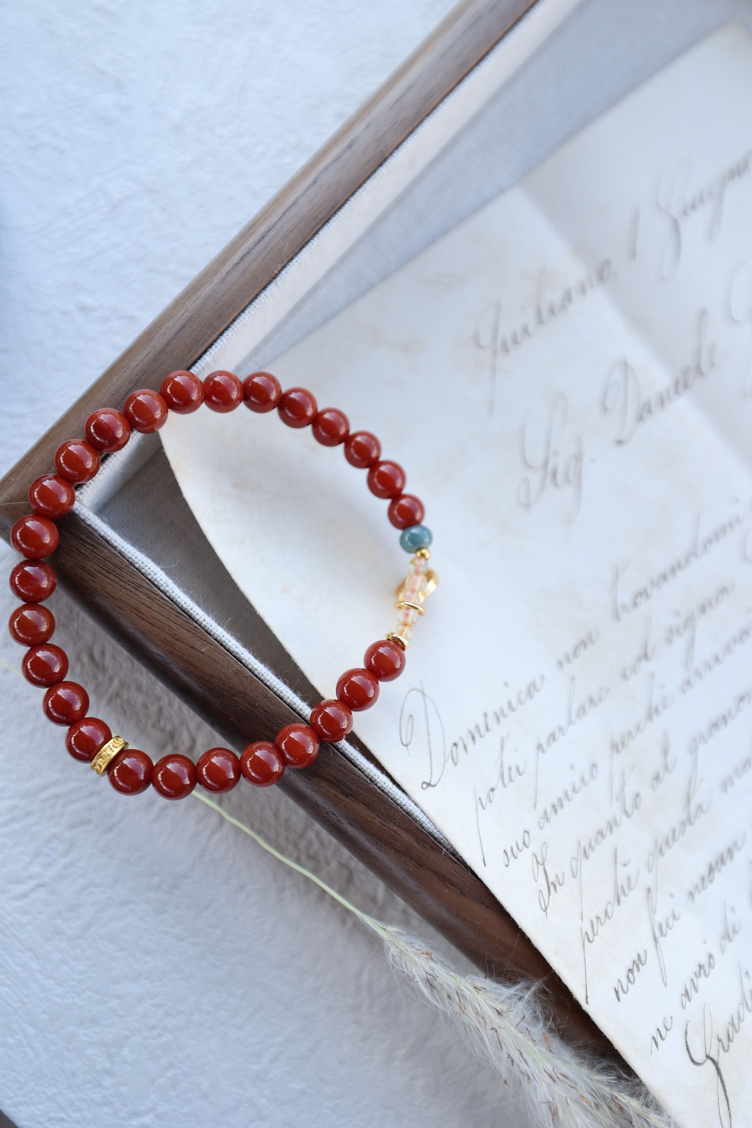 Exquisite Red Agate, Jade, and Rutilated Quartz Bracelet, 16cm with 7mm Beads