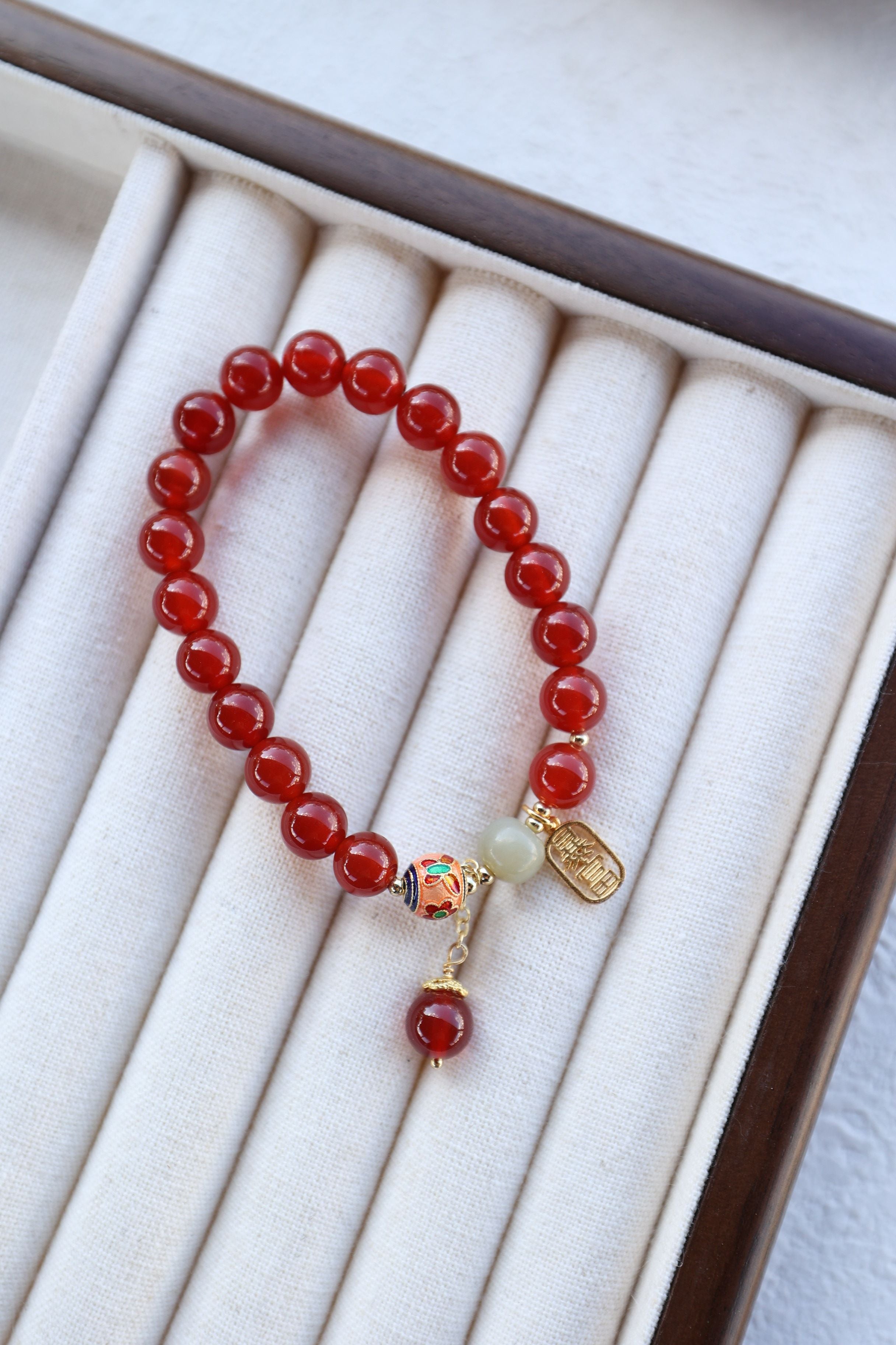 Red Agate and Hetian Jade Elastic Bracelet