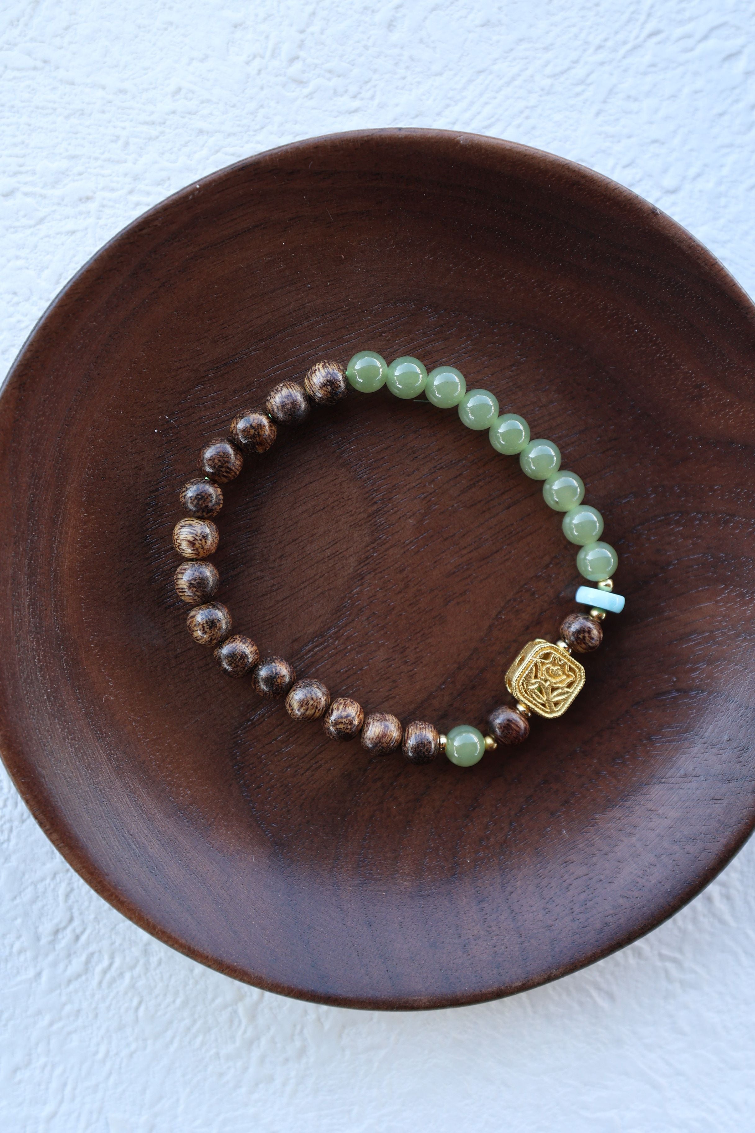 Agarwood, Hetian Jade, and Larimar Bracelet, 16cm with 7mm Beads