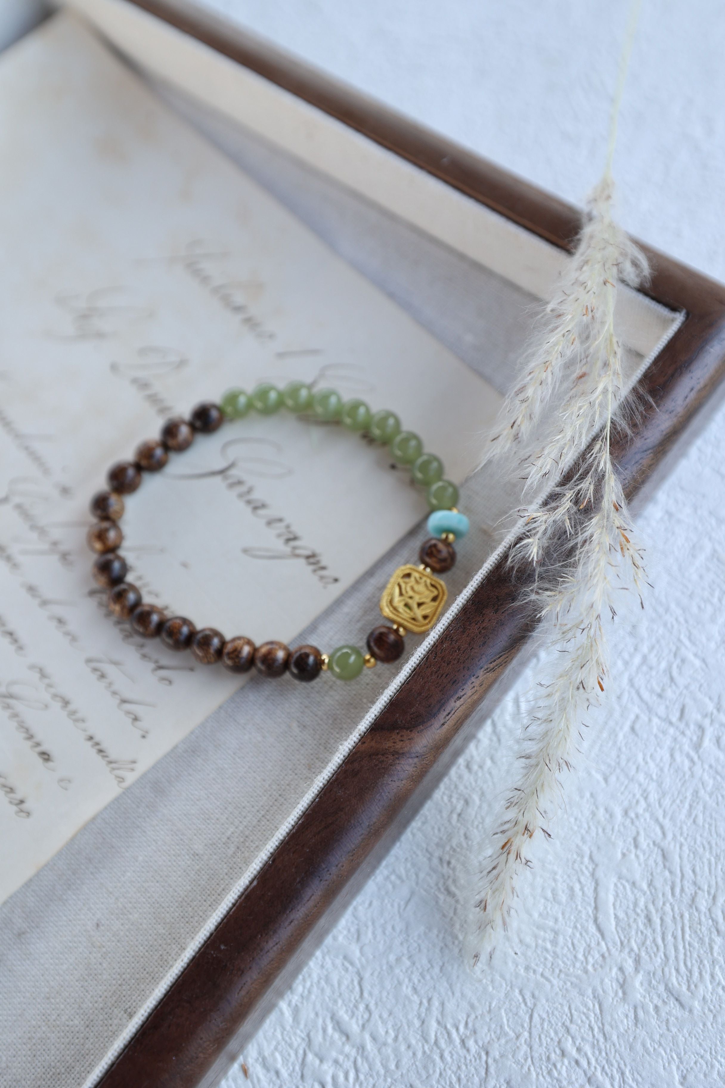 Agarwood, Hetian Jade, and Larimar Bracelet, 16cm with 7mm Beads