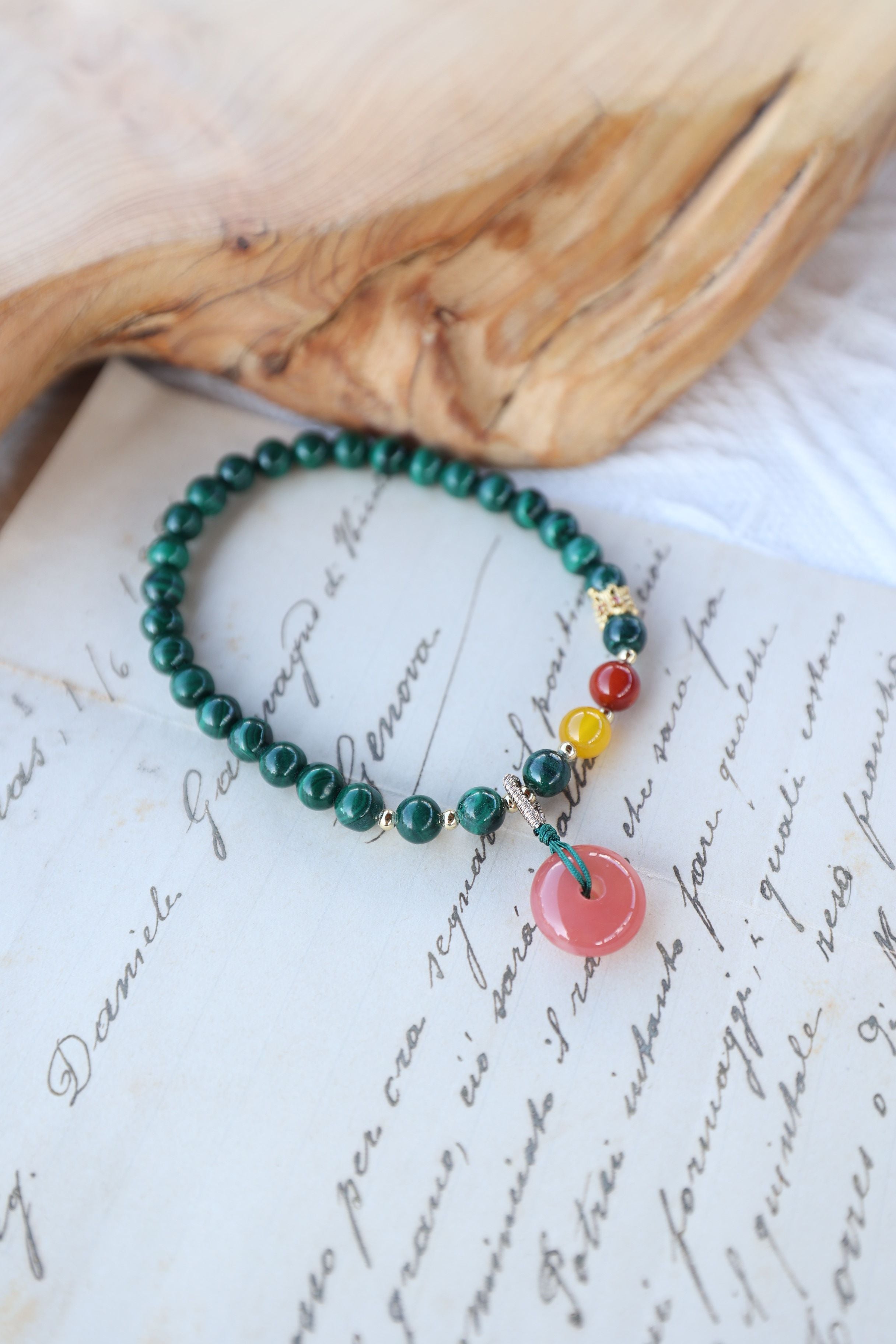 Malachite and Pink Yanyuan Agate Elastic Bracelet