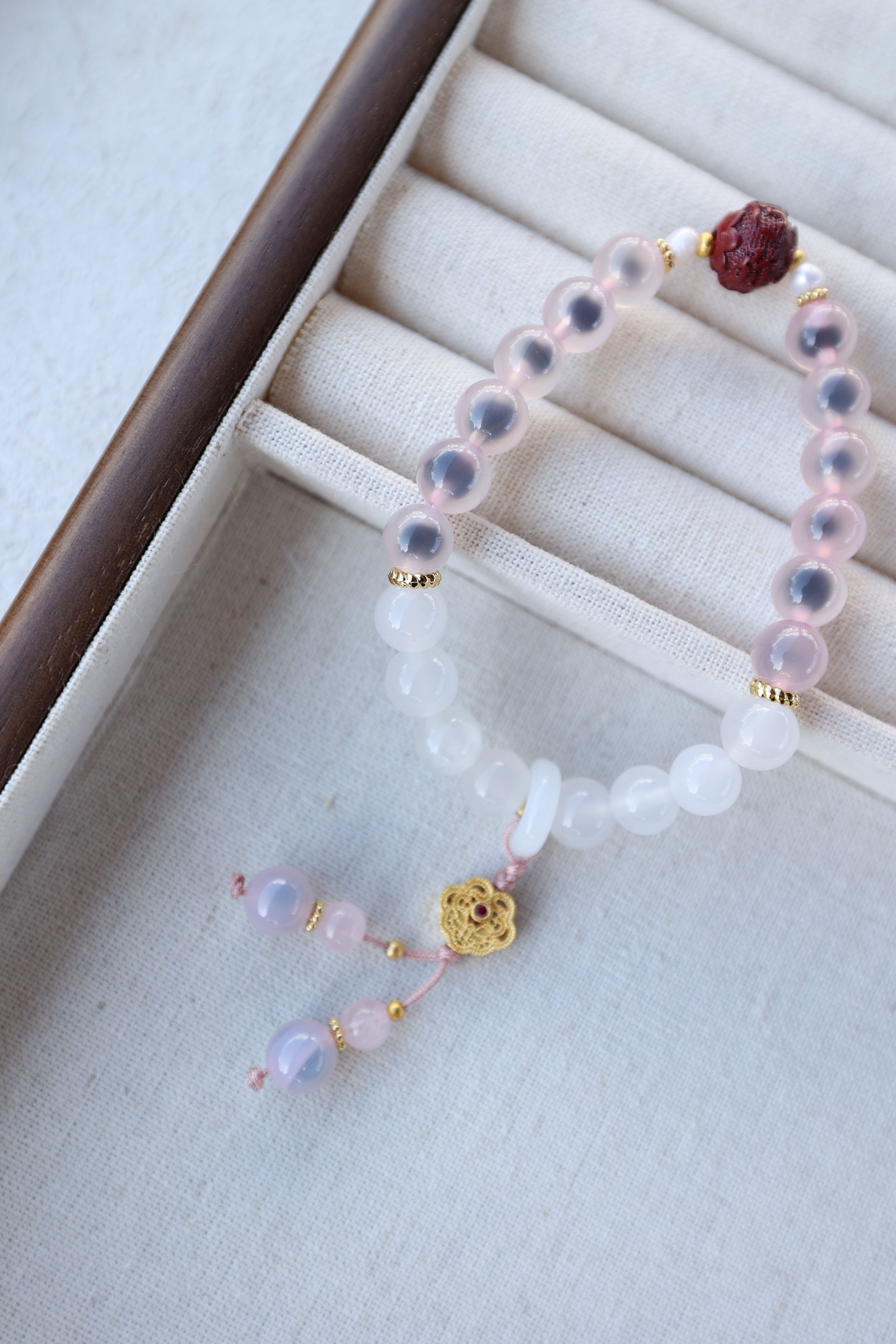 Sweet Serenity: Pink Agate, White Agate, Cinnabar & Pearl Bracelet - 16cm Harmony