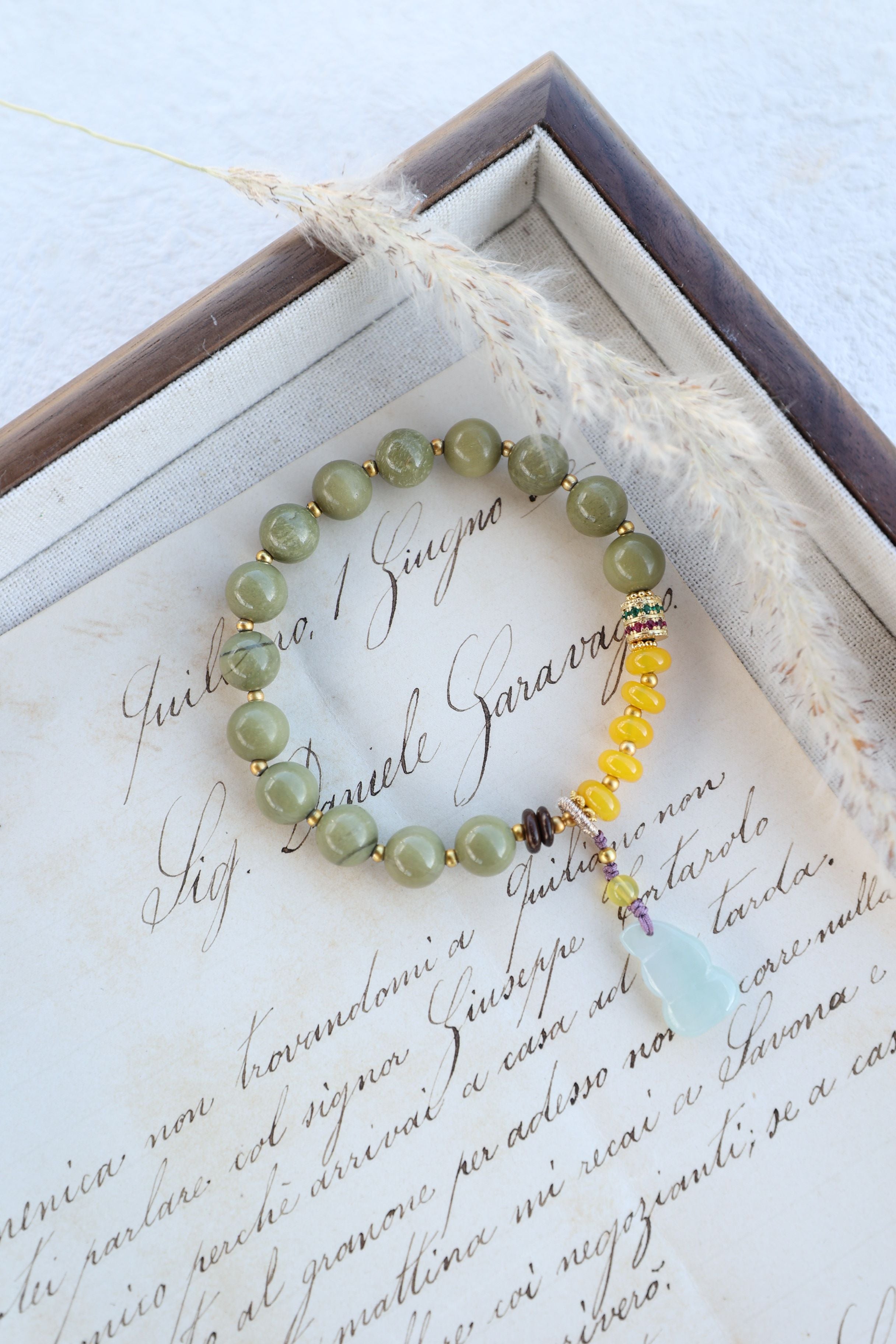 Alashan Agate, Yellow Agate, and Jade Bracelet, 16cm with 8mm Beads