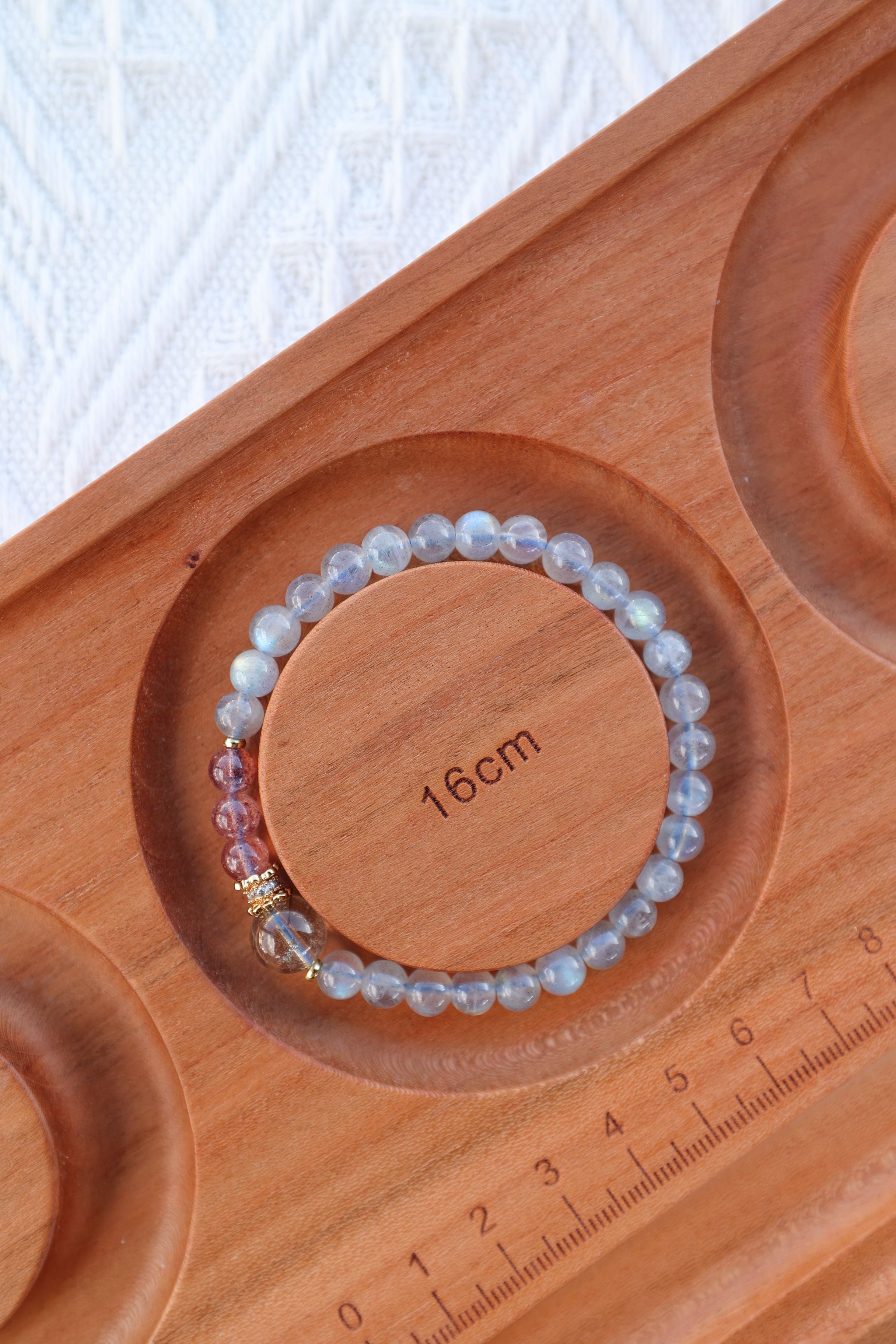 Gray Moonstone, Strawberry Quartz, and Golden Rutilated Quartz Bracelet