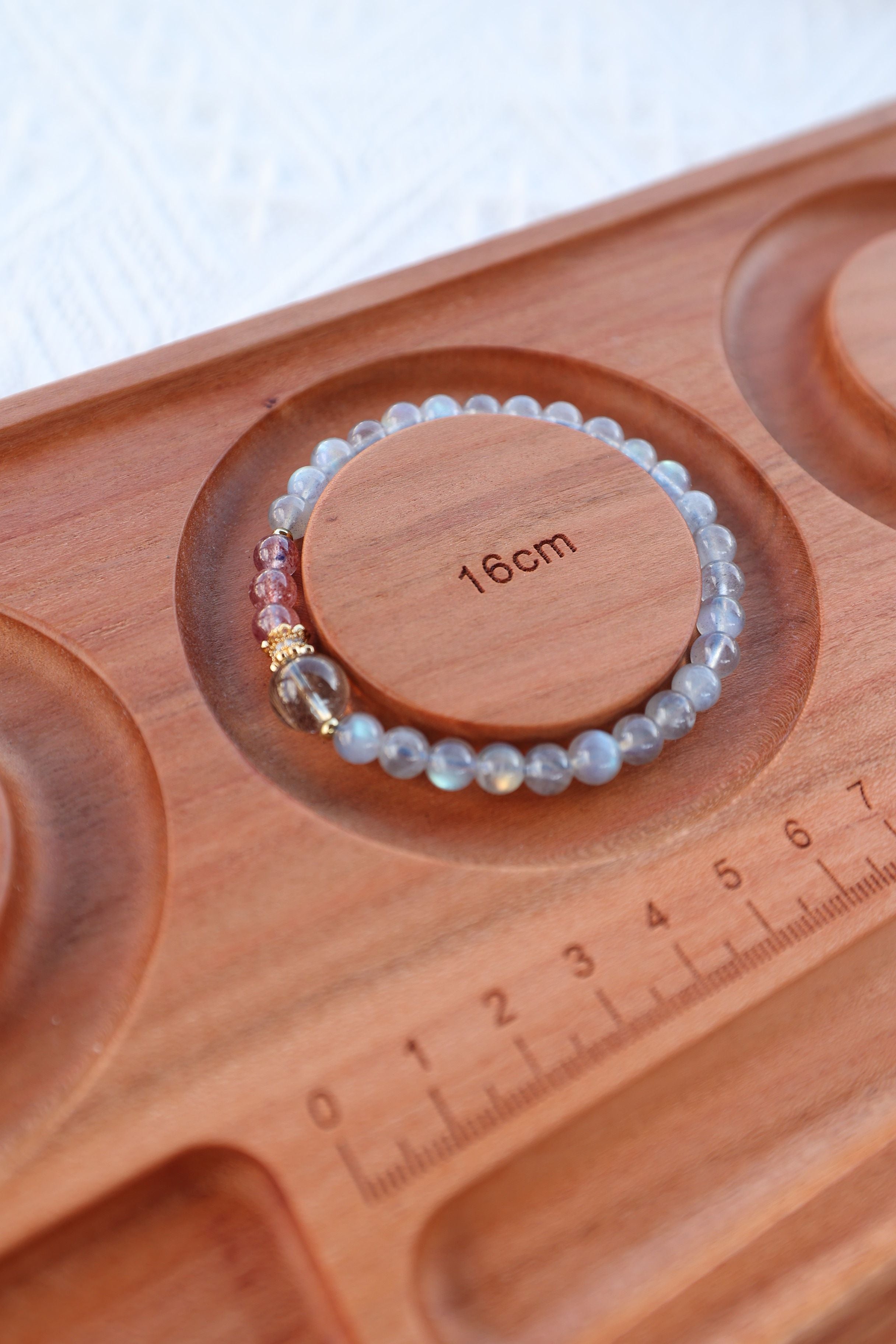 Gray Moonstone, Strawberry Quartz, and Golden Rutilated Quartz Bracelet