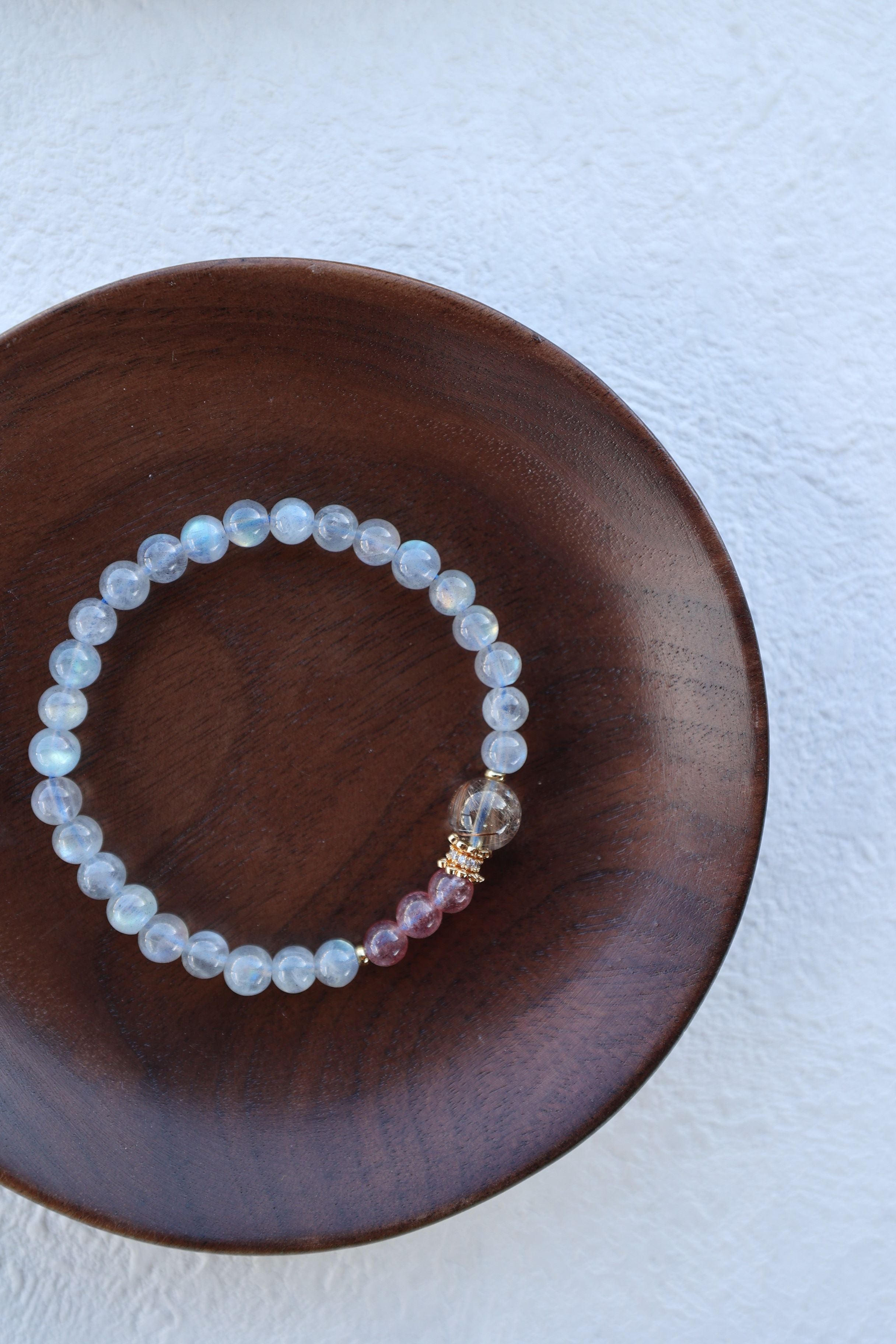 Gray Moonstone, Strawberry Quartz, and Golden Rutilated Quartz Bracelet