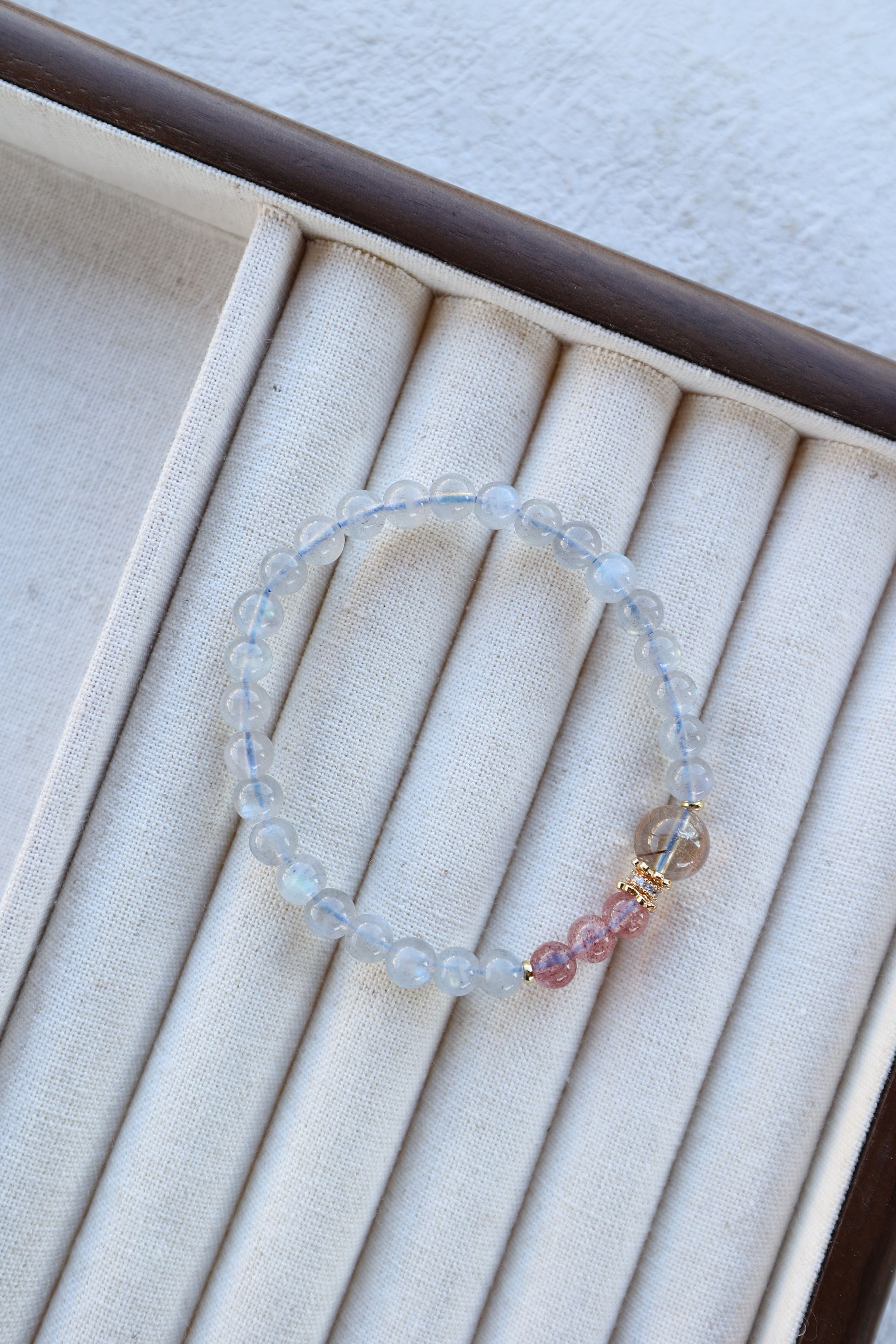 Gray Moonstone, Strawberry Quartz, and Golden Rutilated Quartz Bracelet