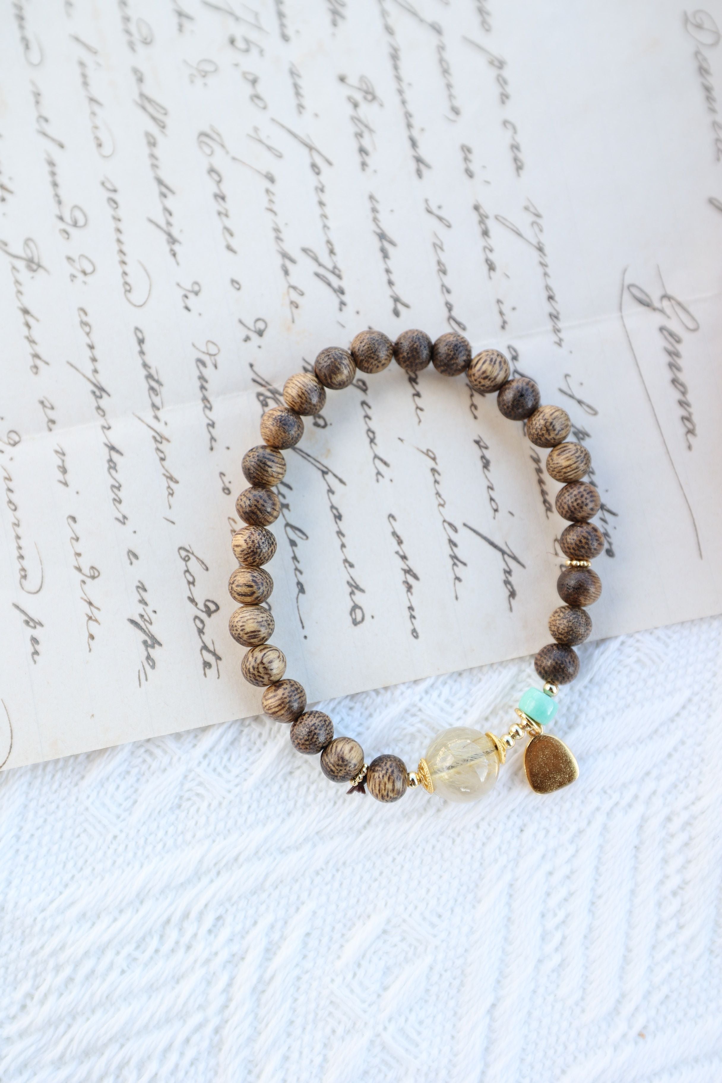 Ethereal Odyssey: Agarwood, Golden Rutile & Larimar Bracelet - 16cm Celestial Fusion