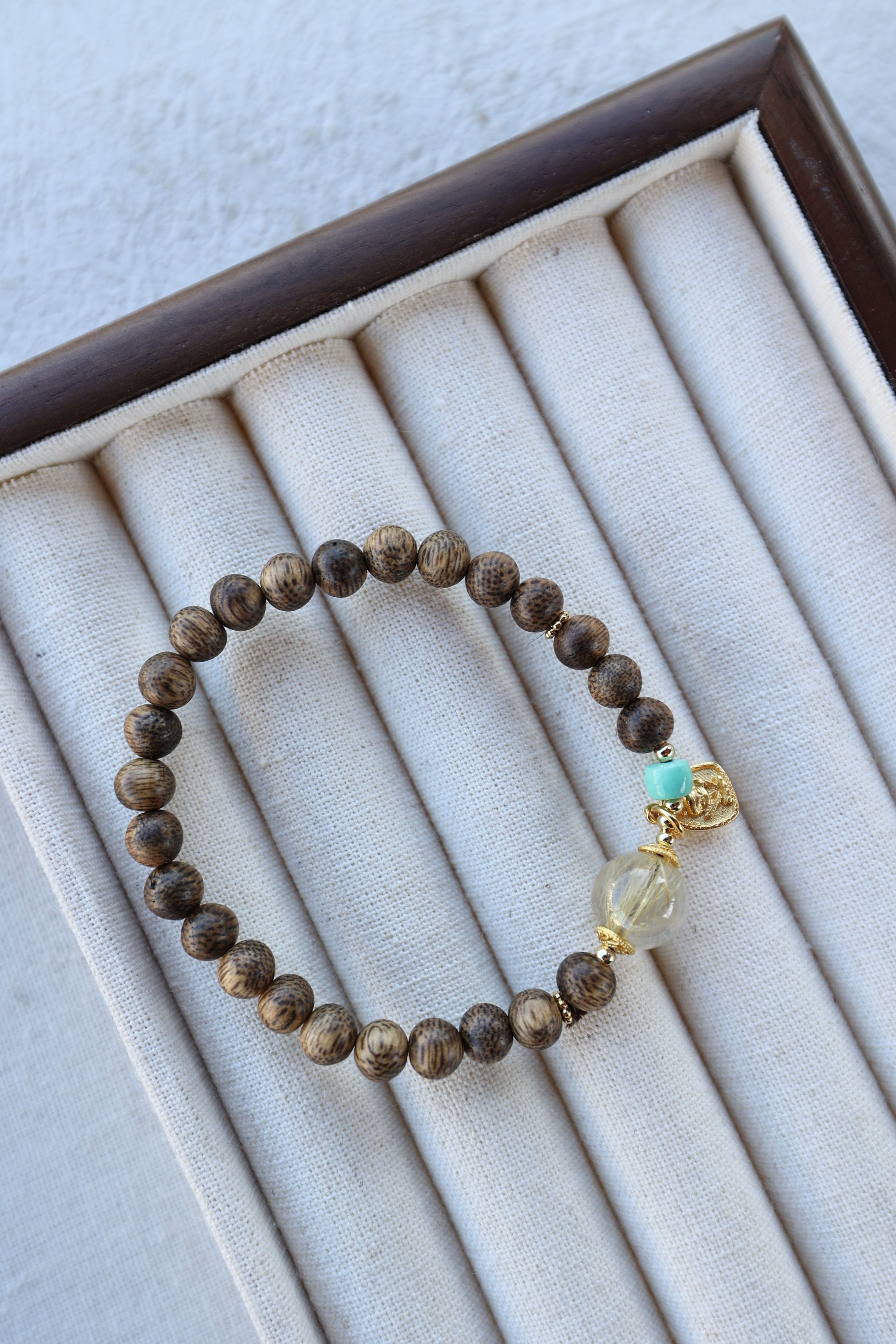 Ethereal Odyssey: Agarwood, Golden Rutile & Larimar Bracelet - 16cm Celestial Fusion