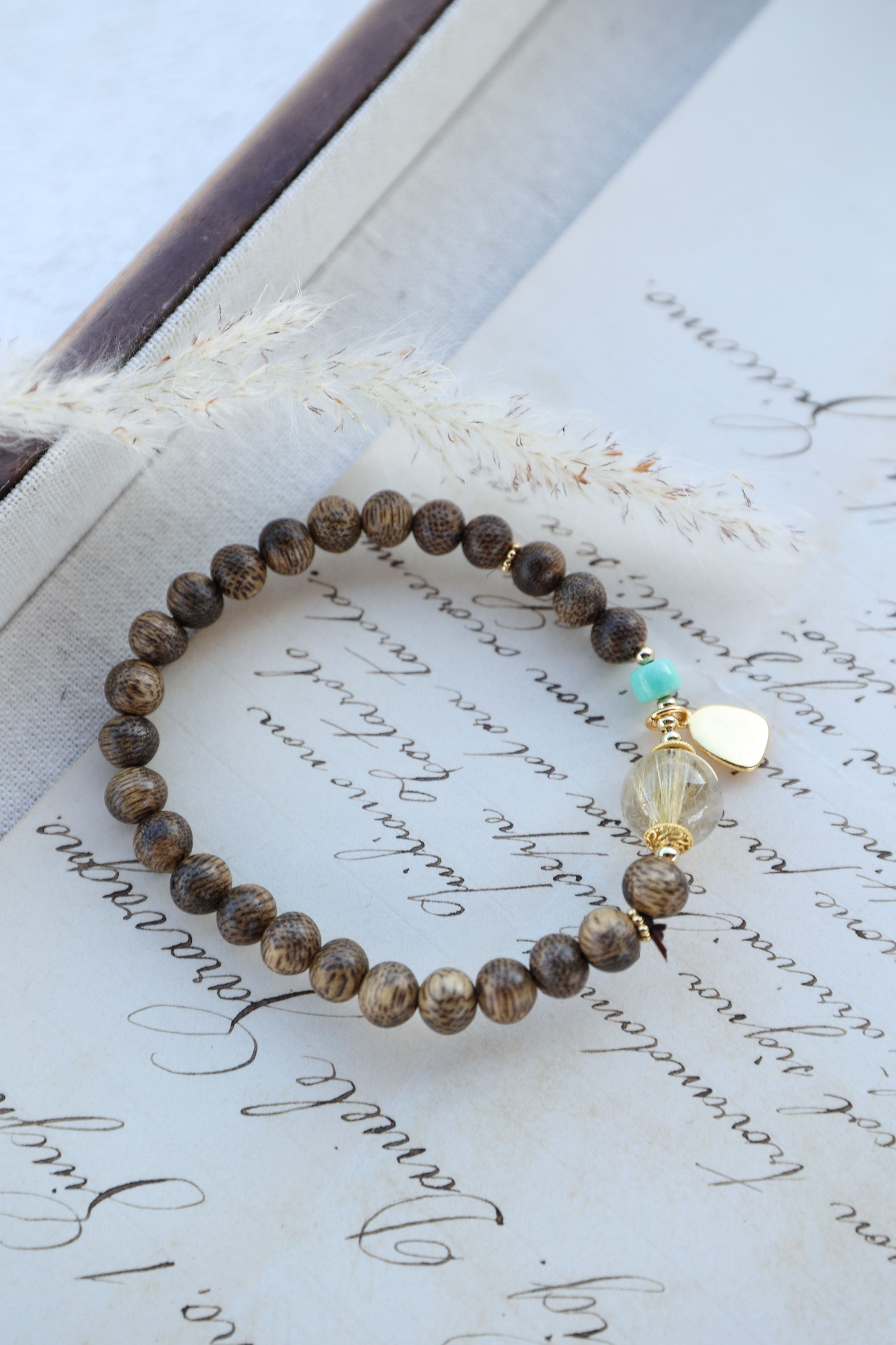 Ethereal Odyssey: Agarwood, Golden Rutile & Larimar Bracelet - 16cm Celestial Fusion