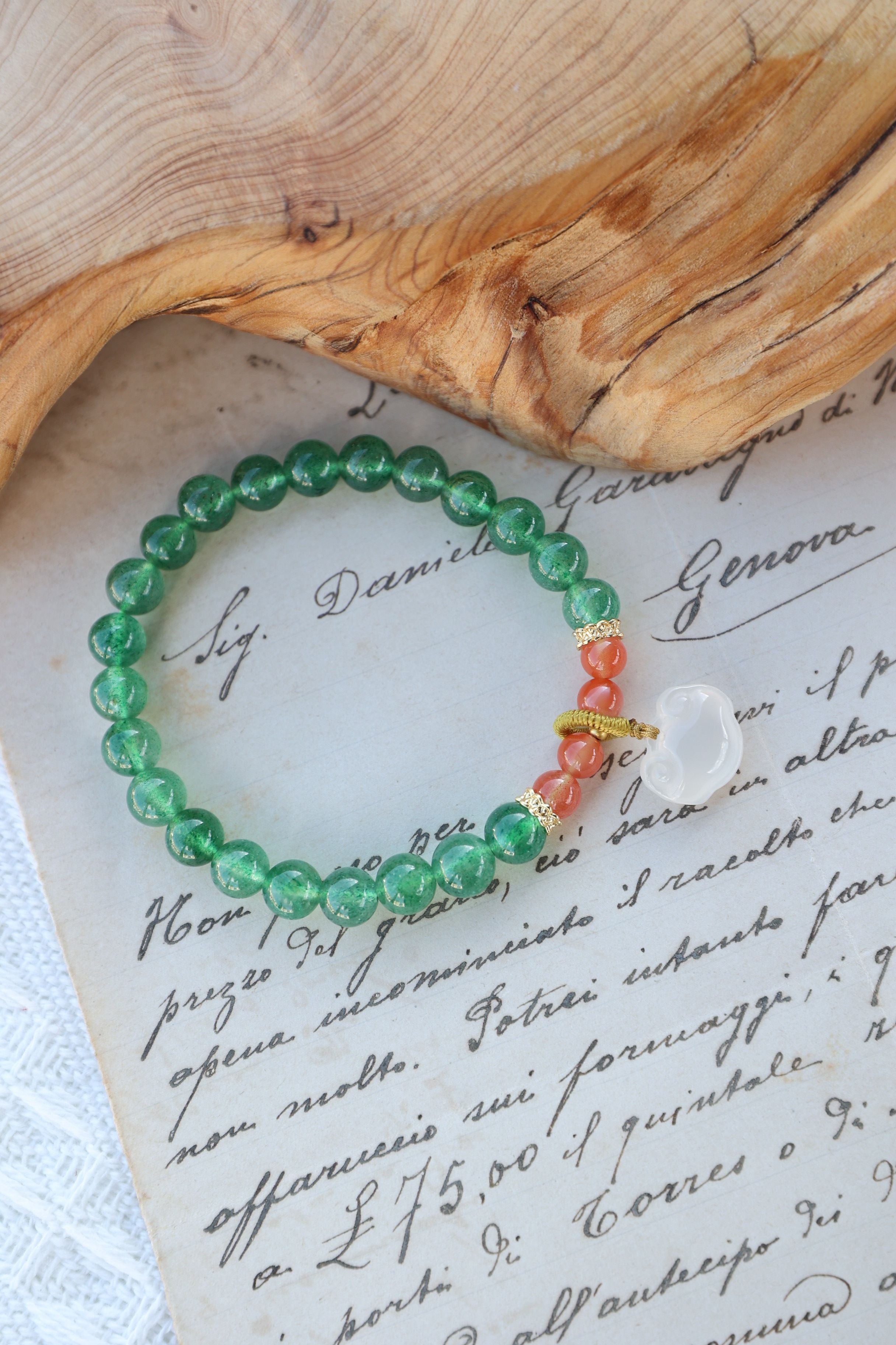 Green Strawberry Quartz, South Red Agate, and White Agate Bracelet