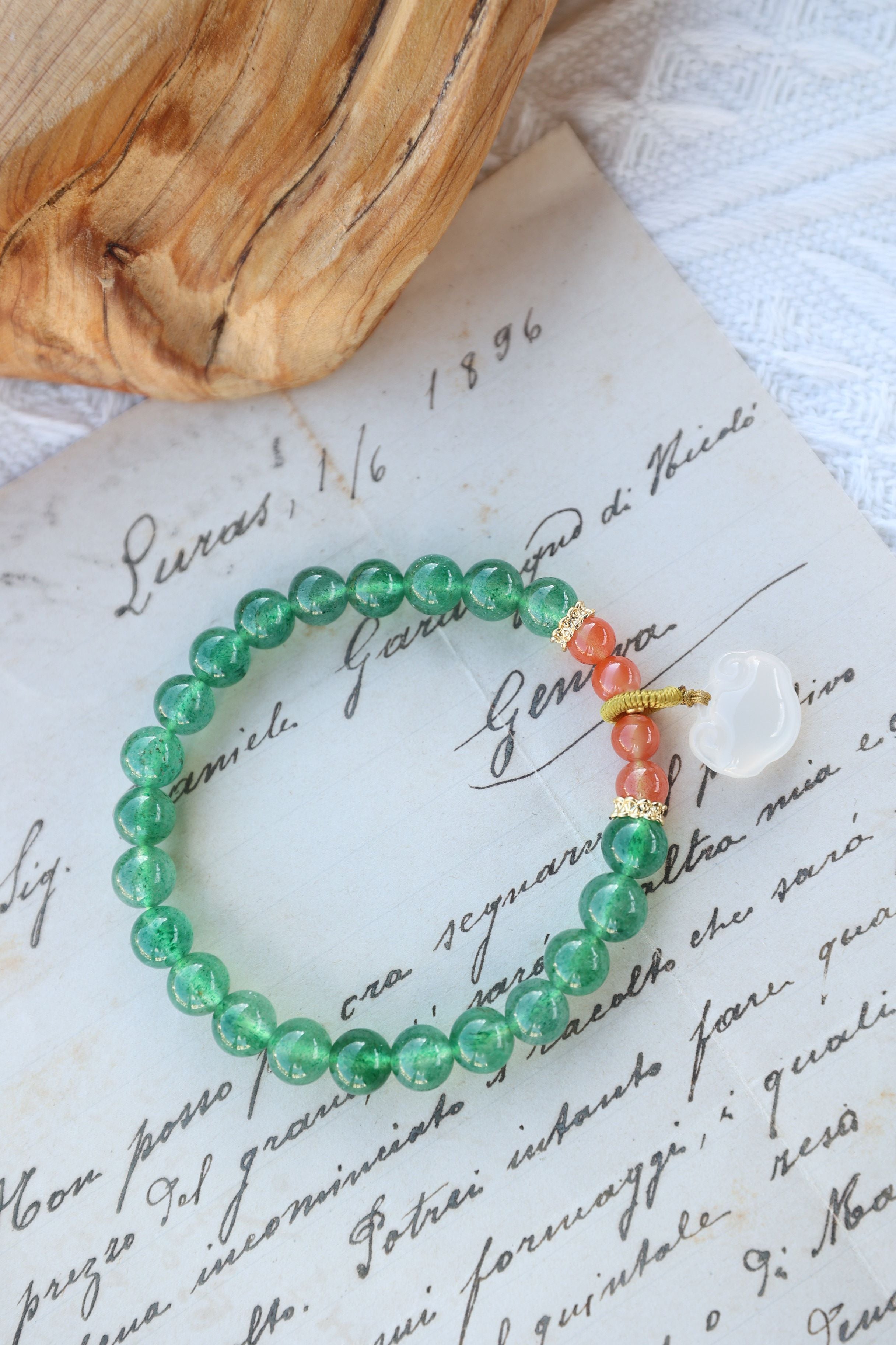 Green Strawberry Quartz, South Red Agate, and White Agate Bracelet