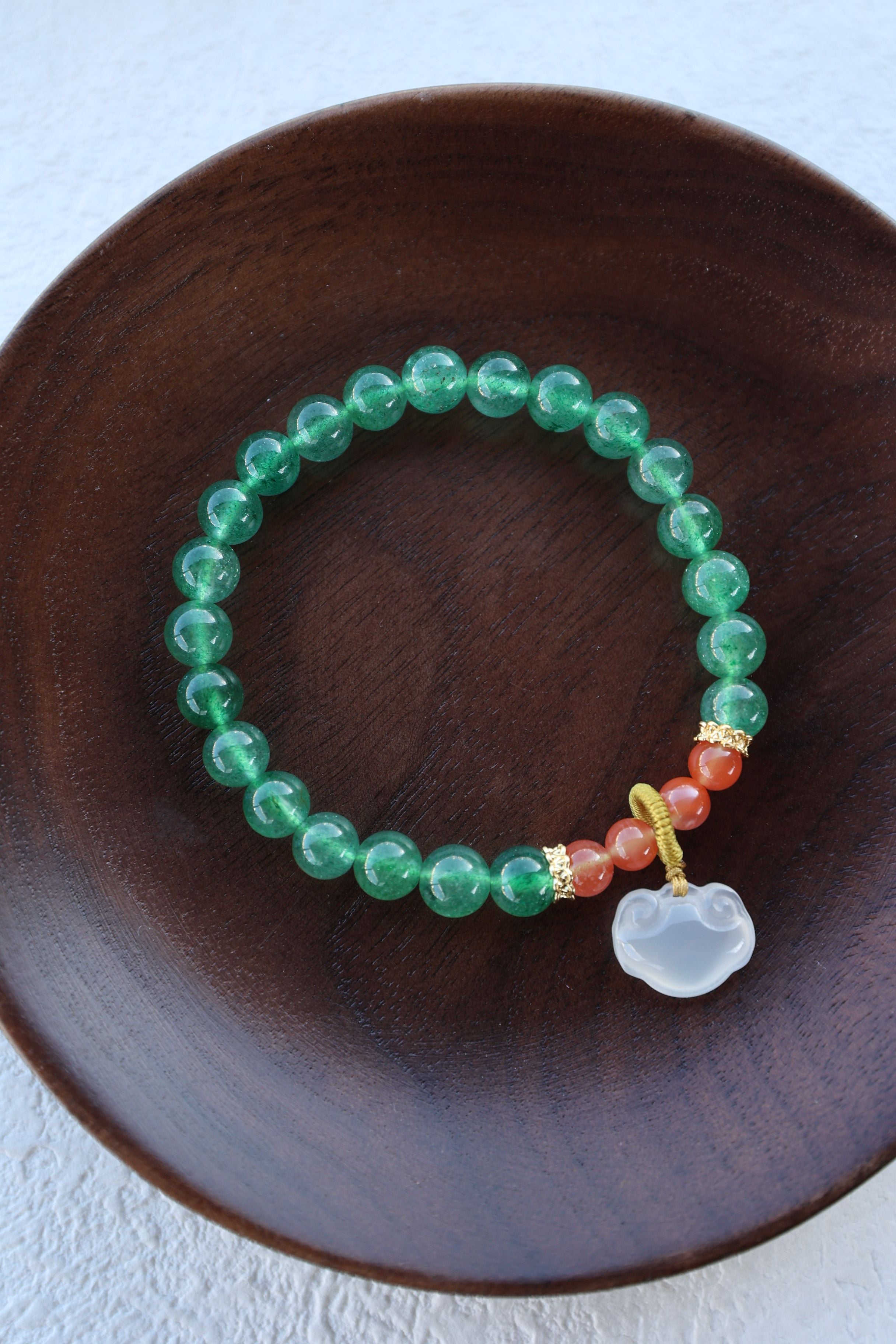 Green Strawberry Quartz, South Red Agate, and White Agate Bracelet