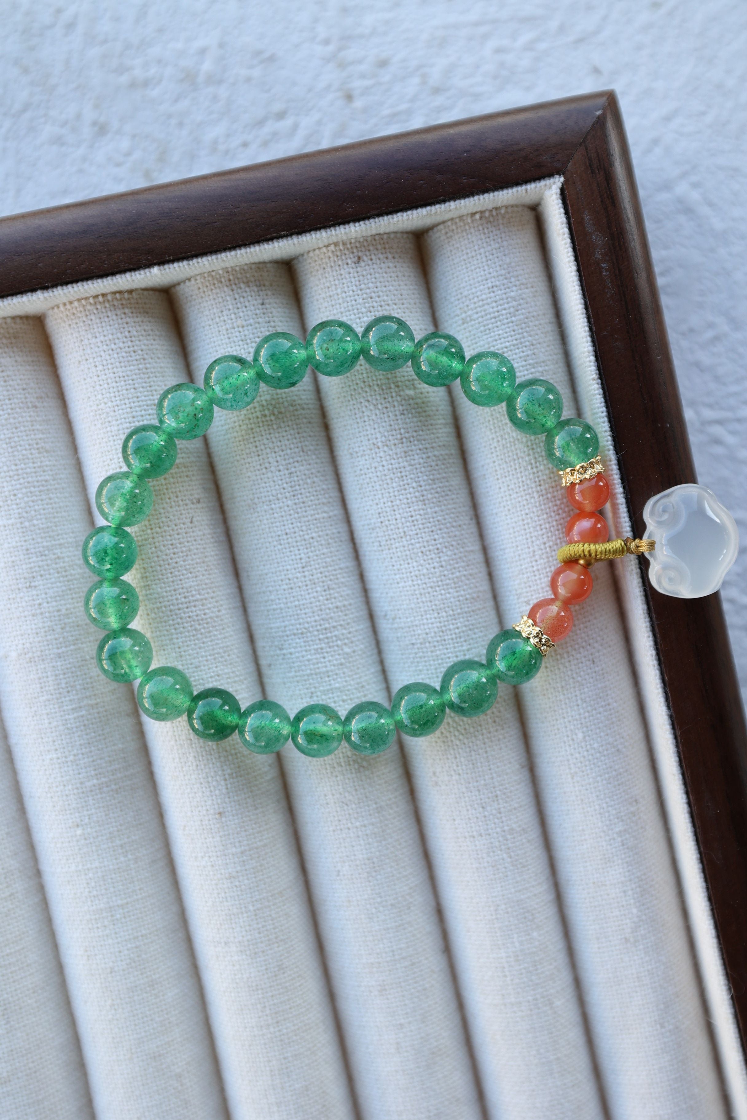 Green Strawberry Quartz, South Red Agate, and White Agate Bracelet