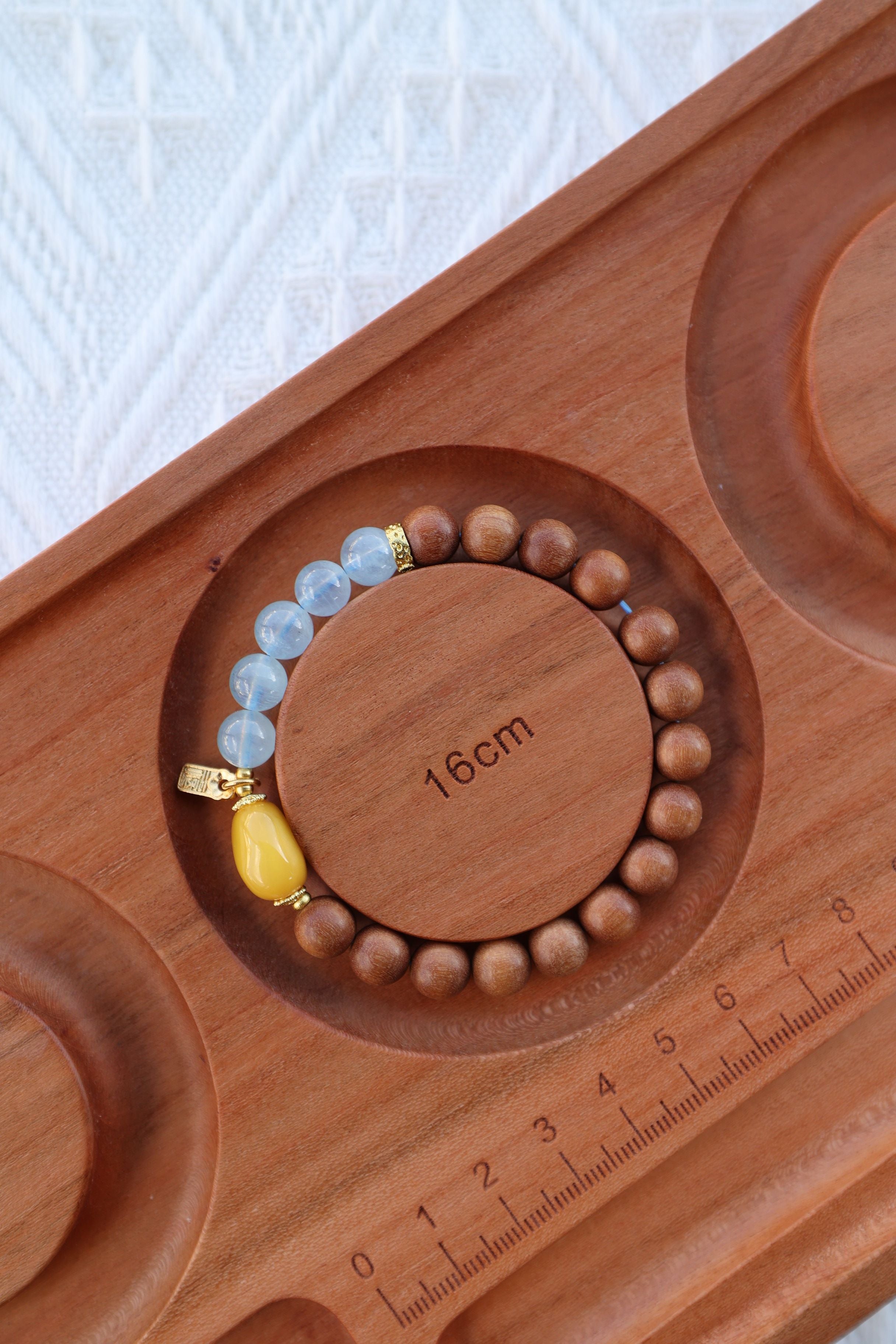 Barbary Sandalwood, Aquamarine, and Amber Bracelet, 16cm with 7mm Beads