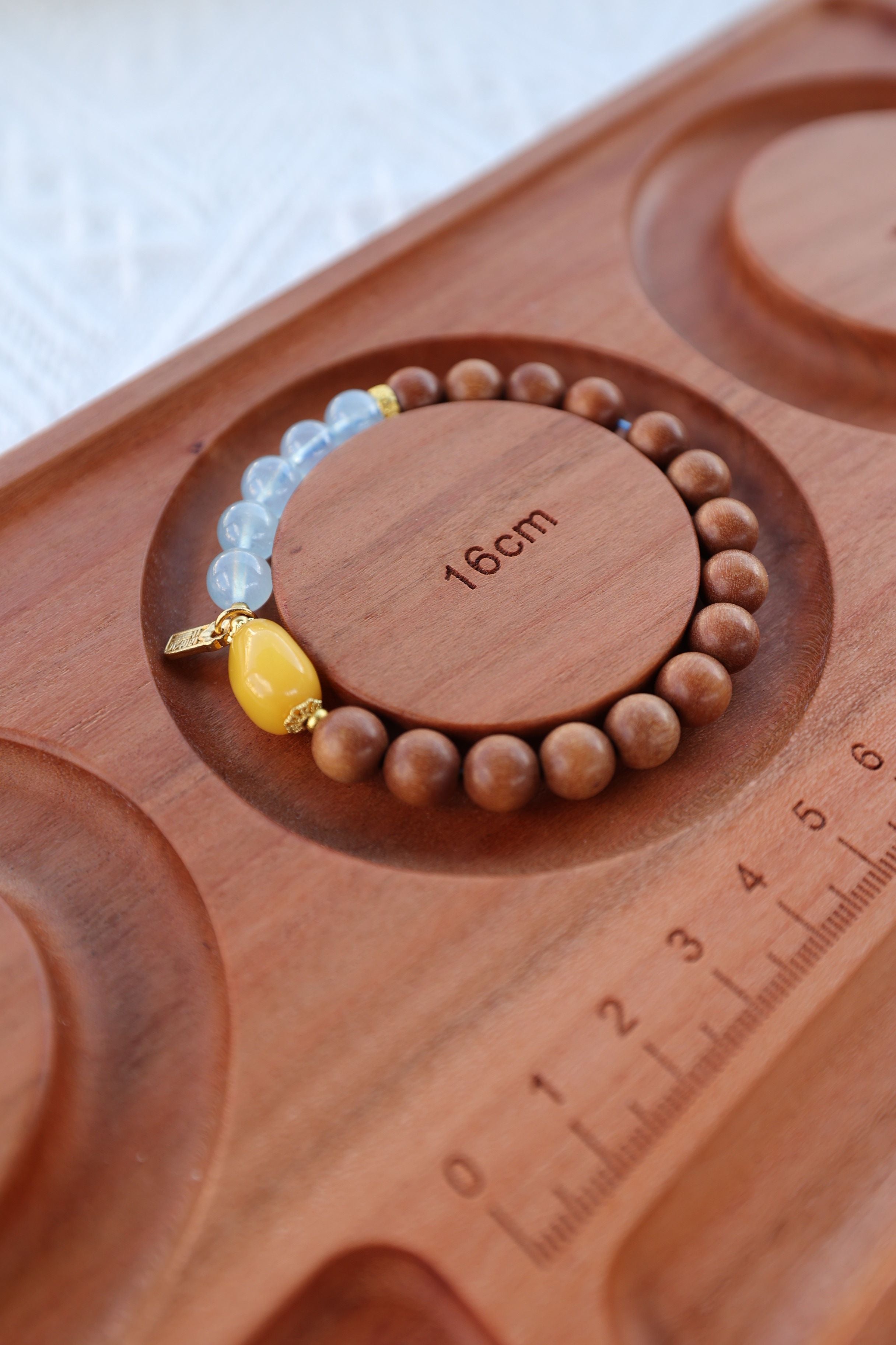 Barbary Sandalwood, Aquamarine, and Amber Bracelet, 16cm with 7mm Beads