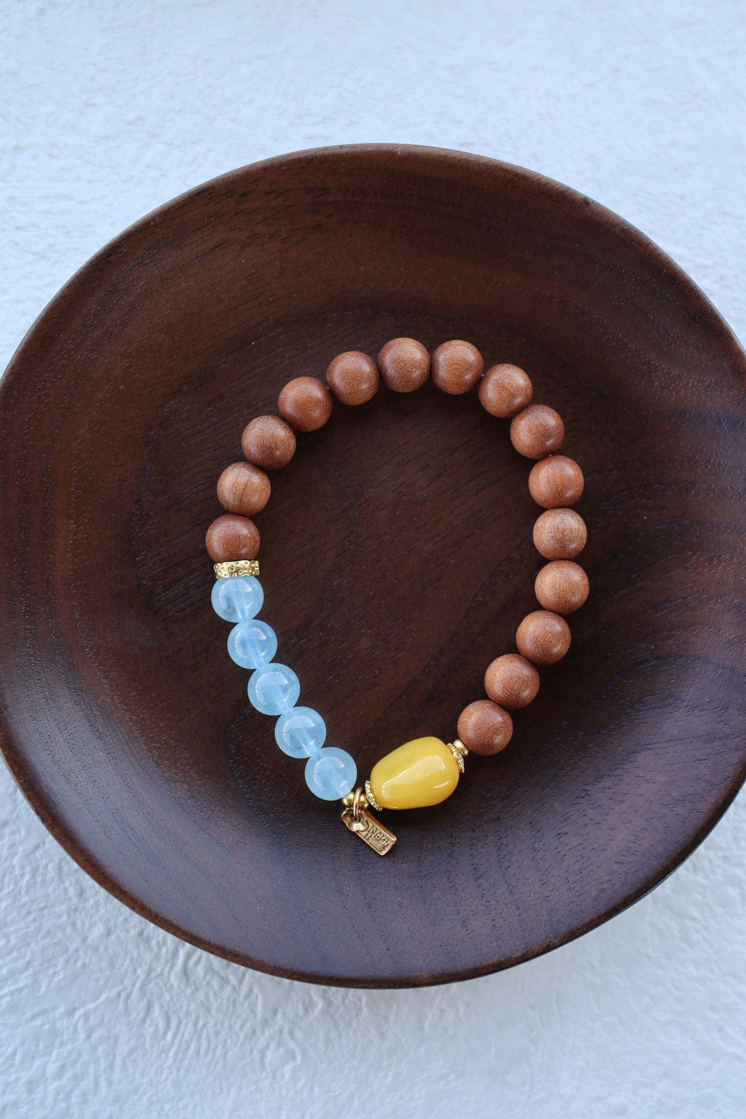 Barbary Sandalwood, Aquamarine, and Amber Bracelet, 16cm with 7mm Beads