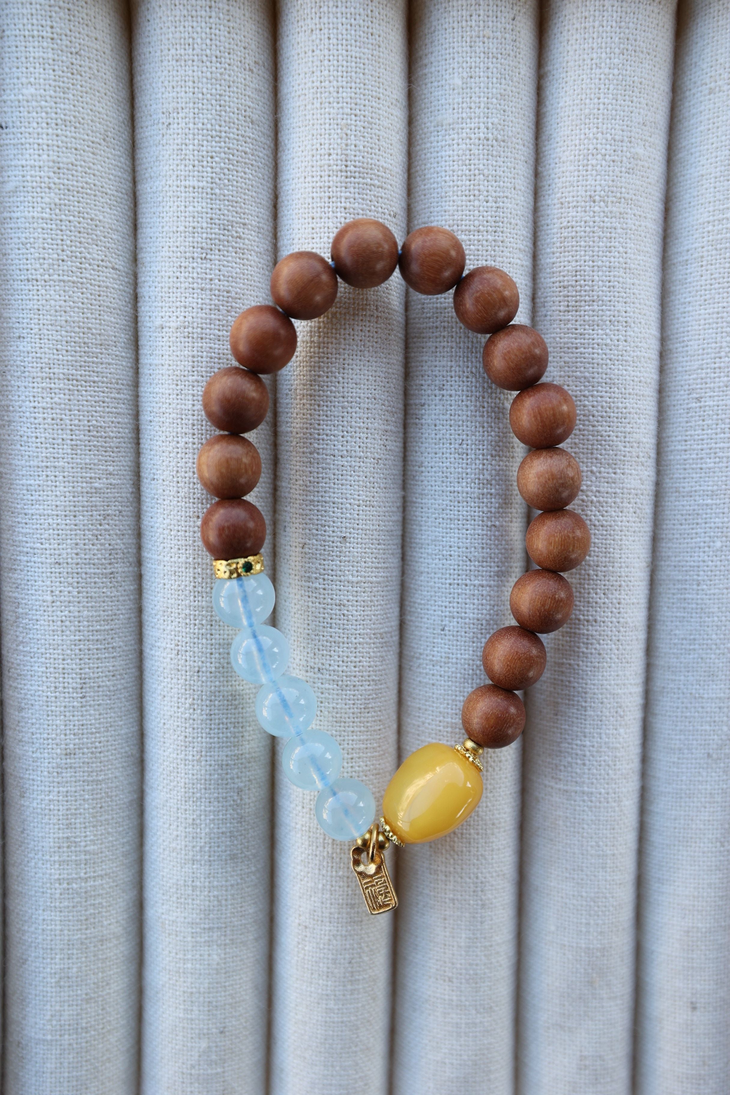 Barbary Sandalwood, Aquamarine, and Amber Bracelet, 16cm with 7mm Beads