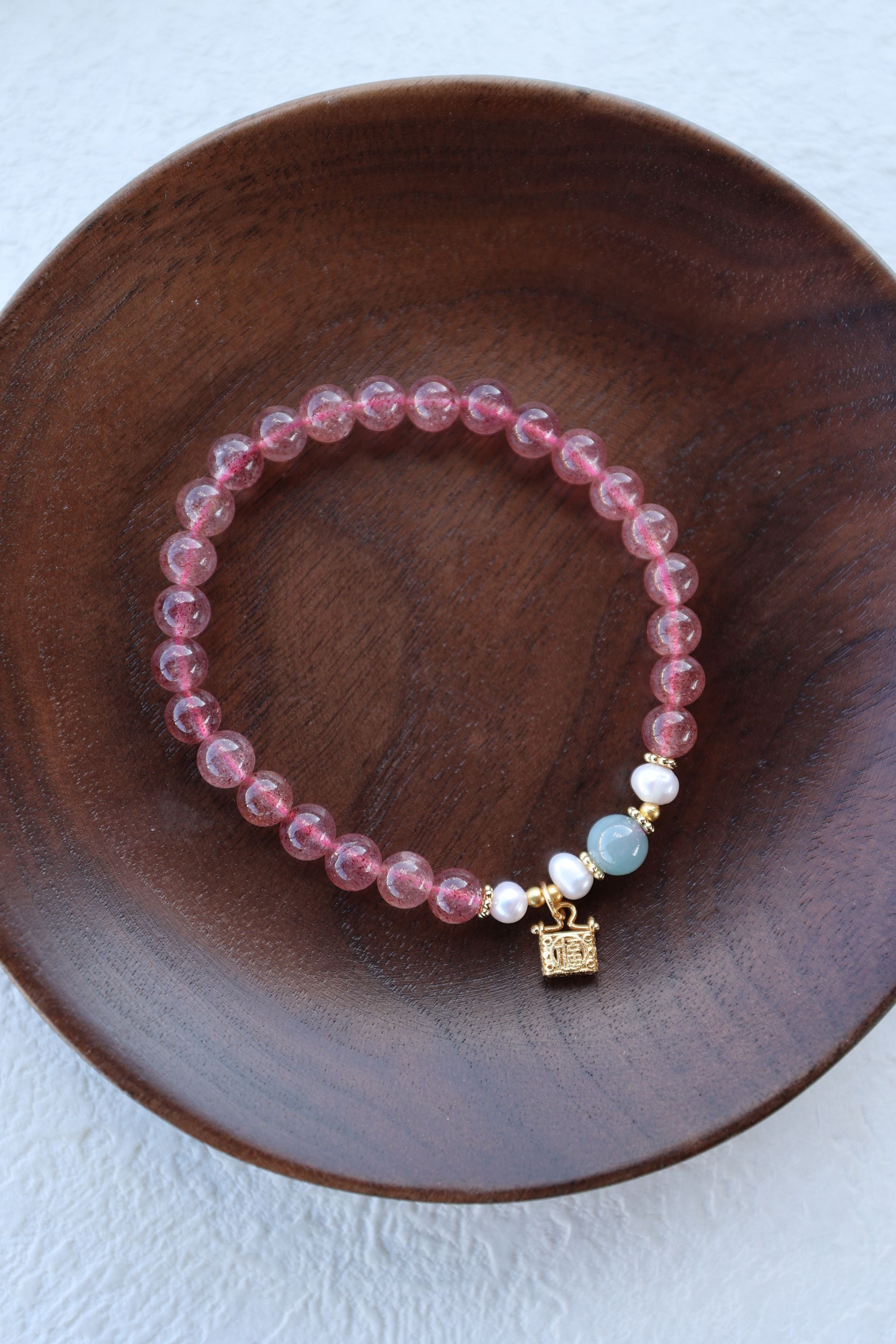 Strawberry Quartz, Jade, and Pearl Bracelet, 16cm with 8mm Beads