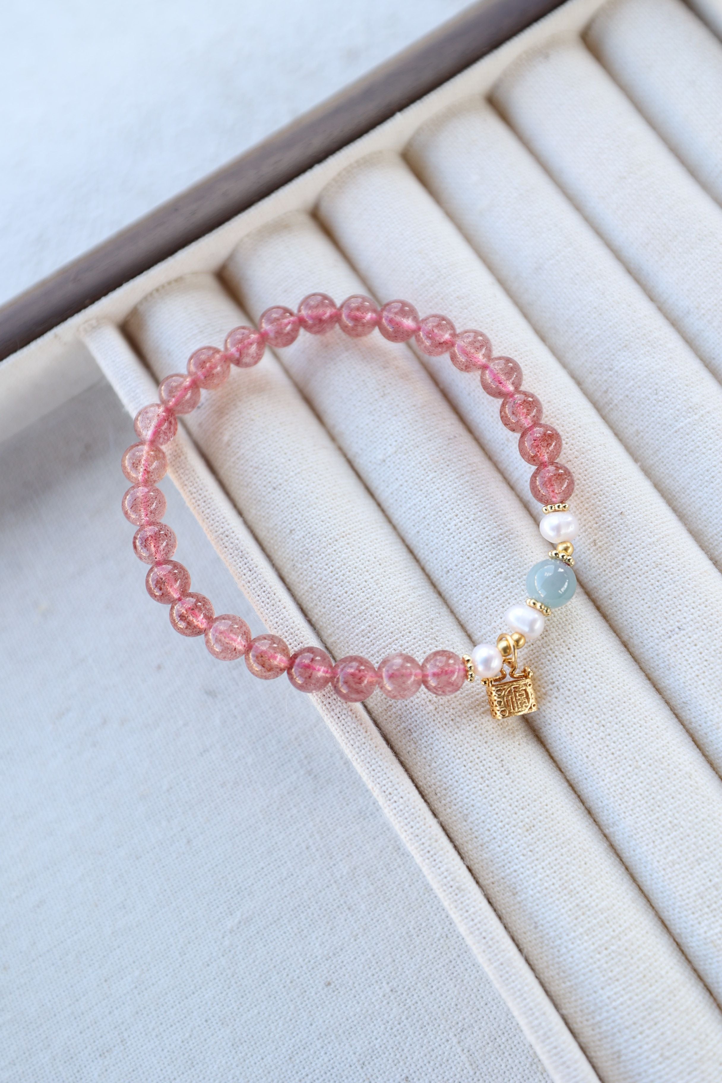 Strawberry Quartz, Jade, and Pearl Bracelet, 16cm with 8mm Beads