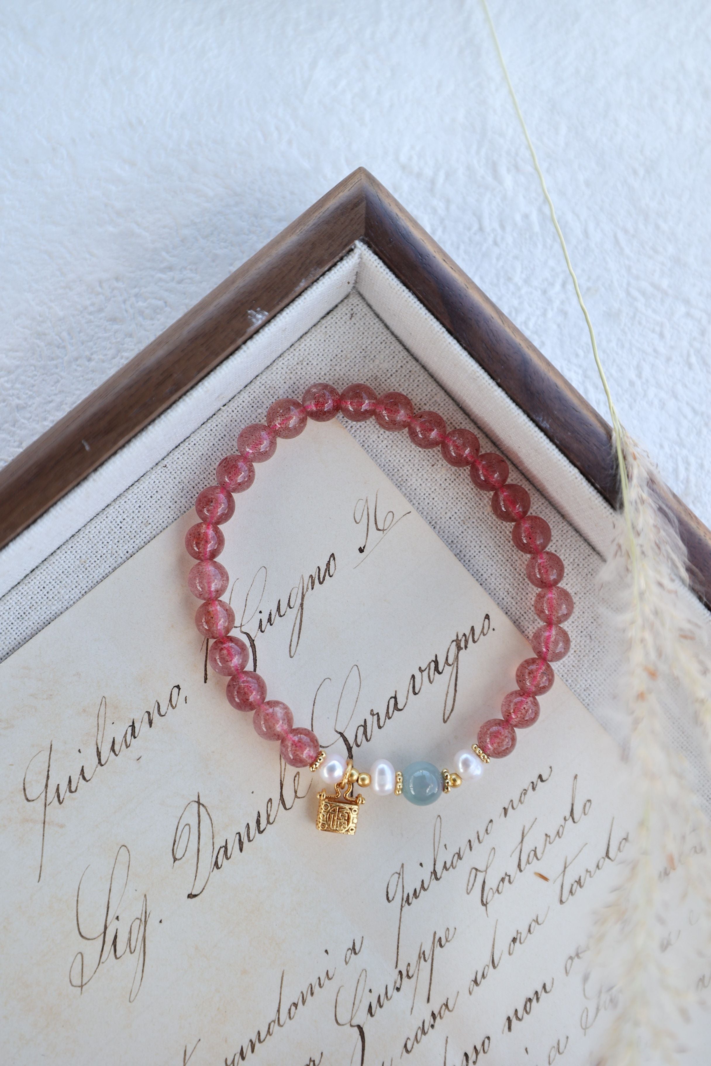 Strawberry Quartz, Jade, and Pearl Bracelet, 16cm with 8mm Beads