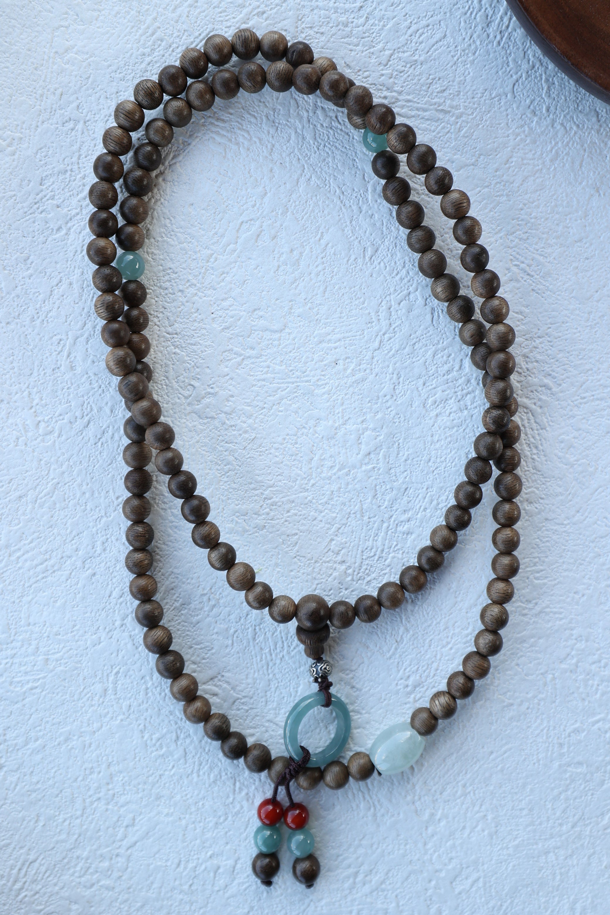 Agarwood, Blue Water Jade, and Red Agate Necklace & Bracelet Set with 925 Silver