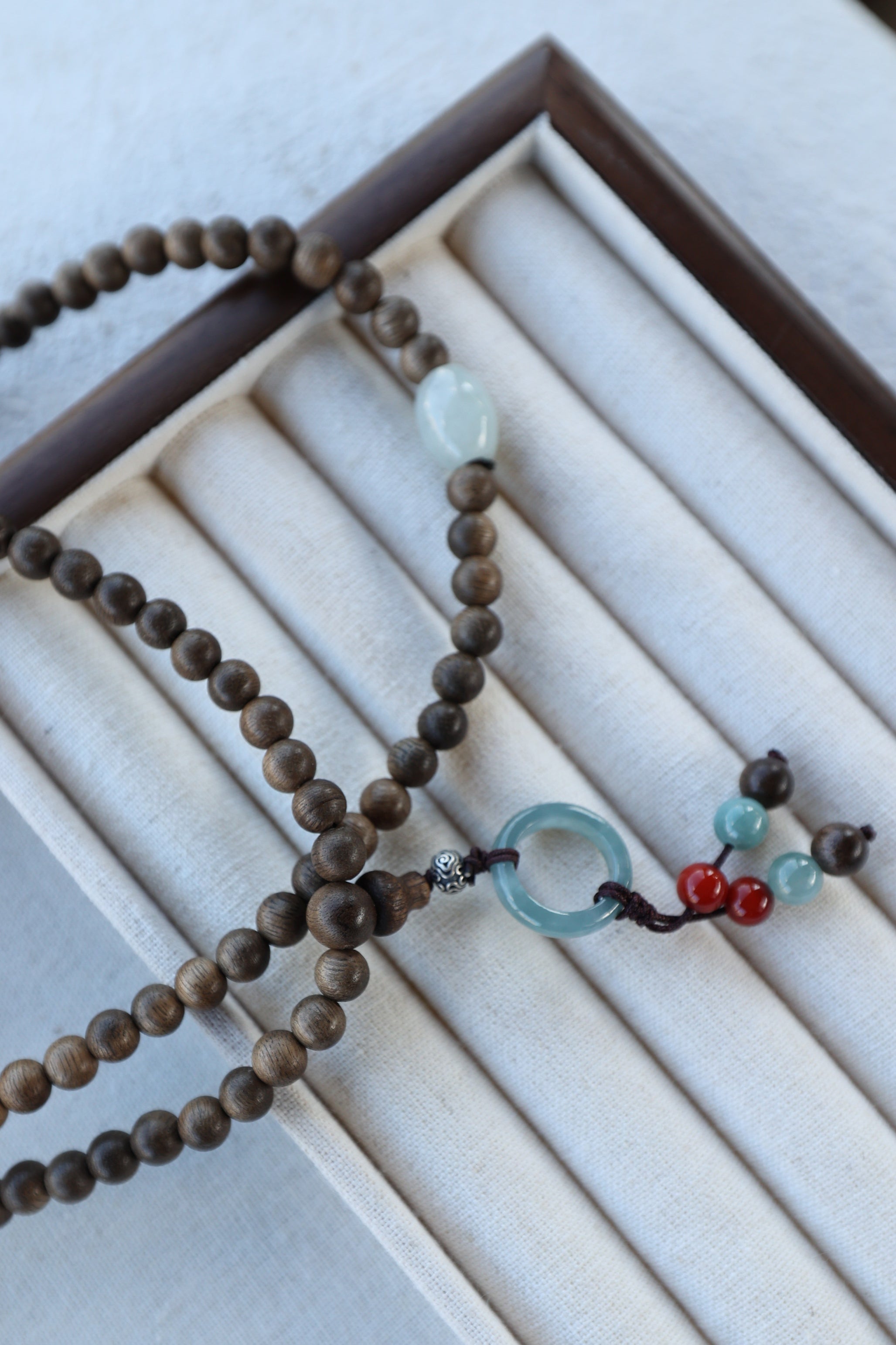 Agarwood, Blue Water Jade, and Red Agate Necklace & Bracelet Set with 925 Silver