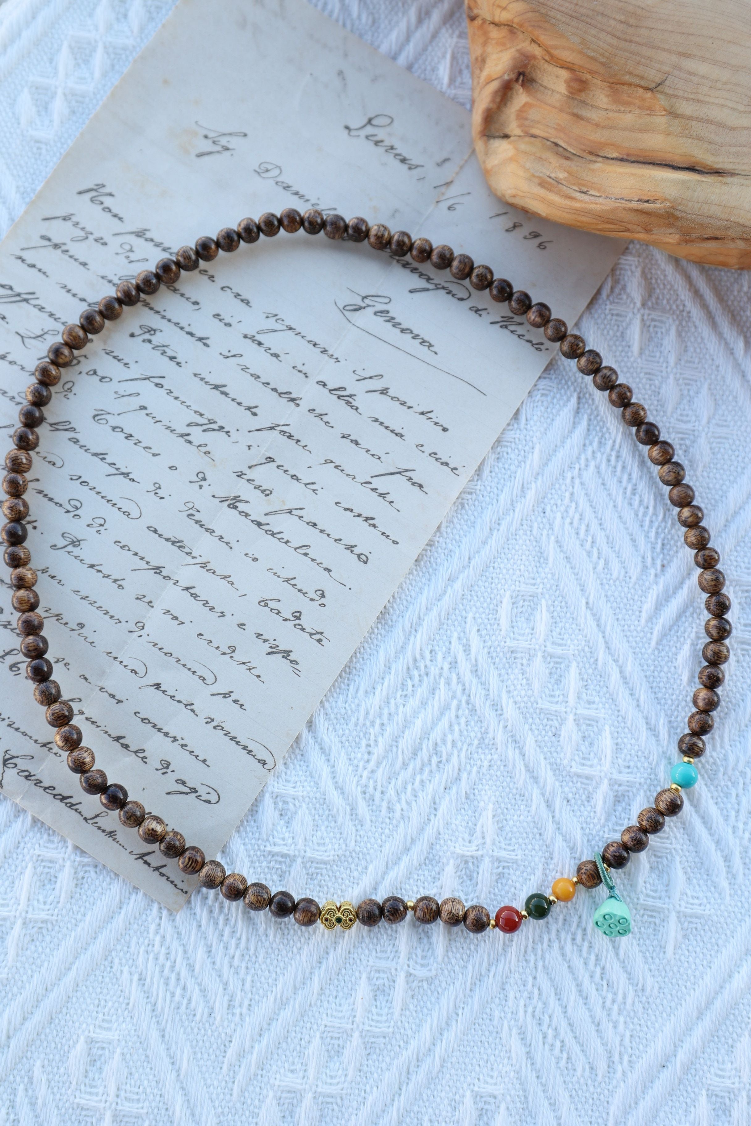 Buddhist Harmony 4-Gem Necklace/Bracelet: Agarwood, Amber, Jasper & Agate - 35cm