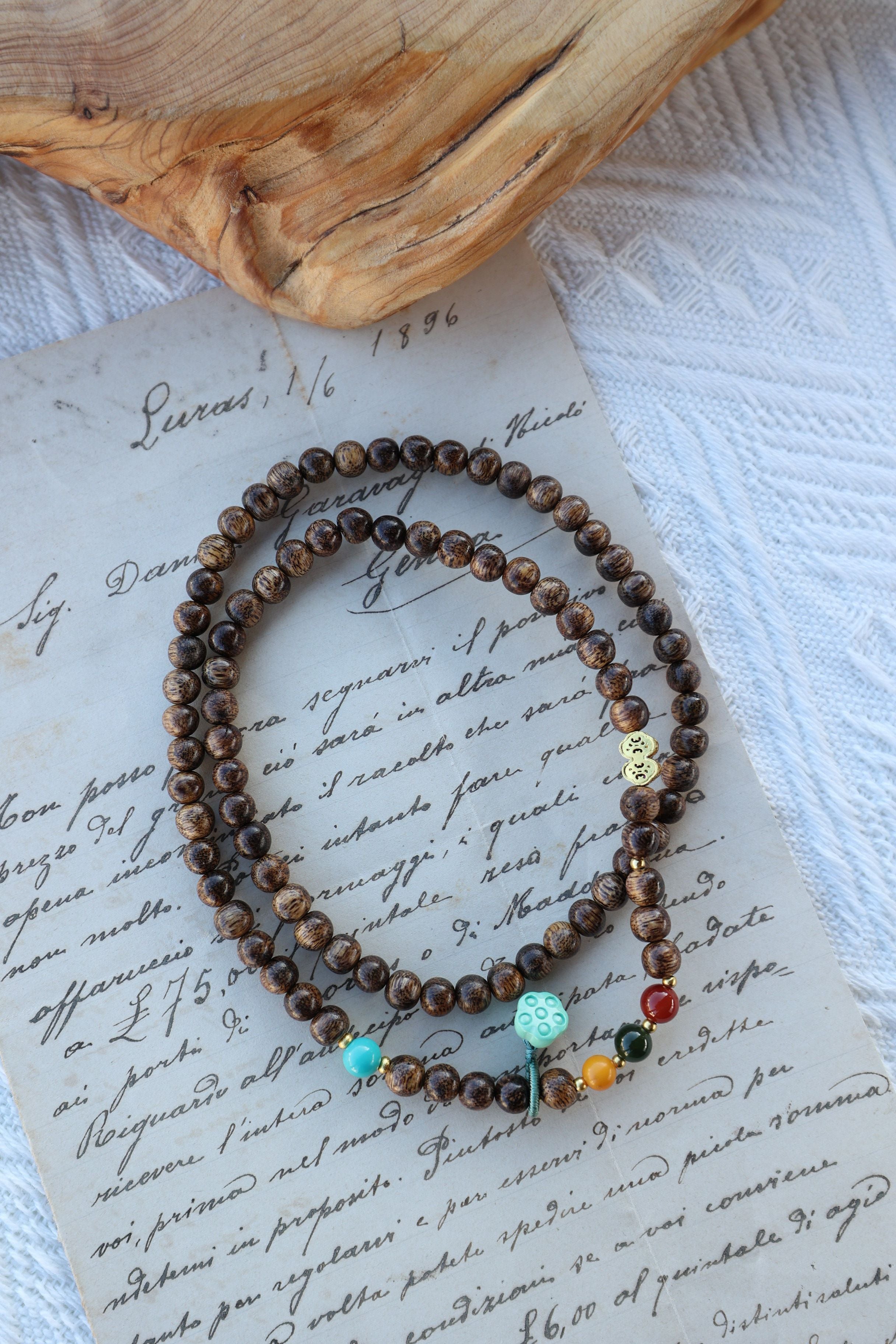 Buddhist Harmony 4-Gem Necklace/Bracelet: Agarwood, Amber, Jasper & Agate - 35cm