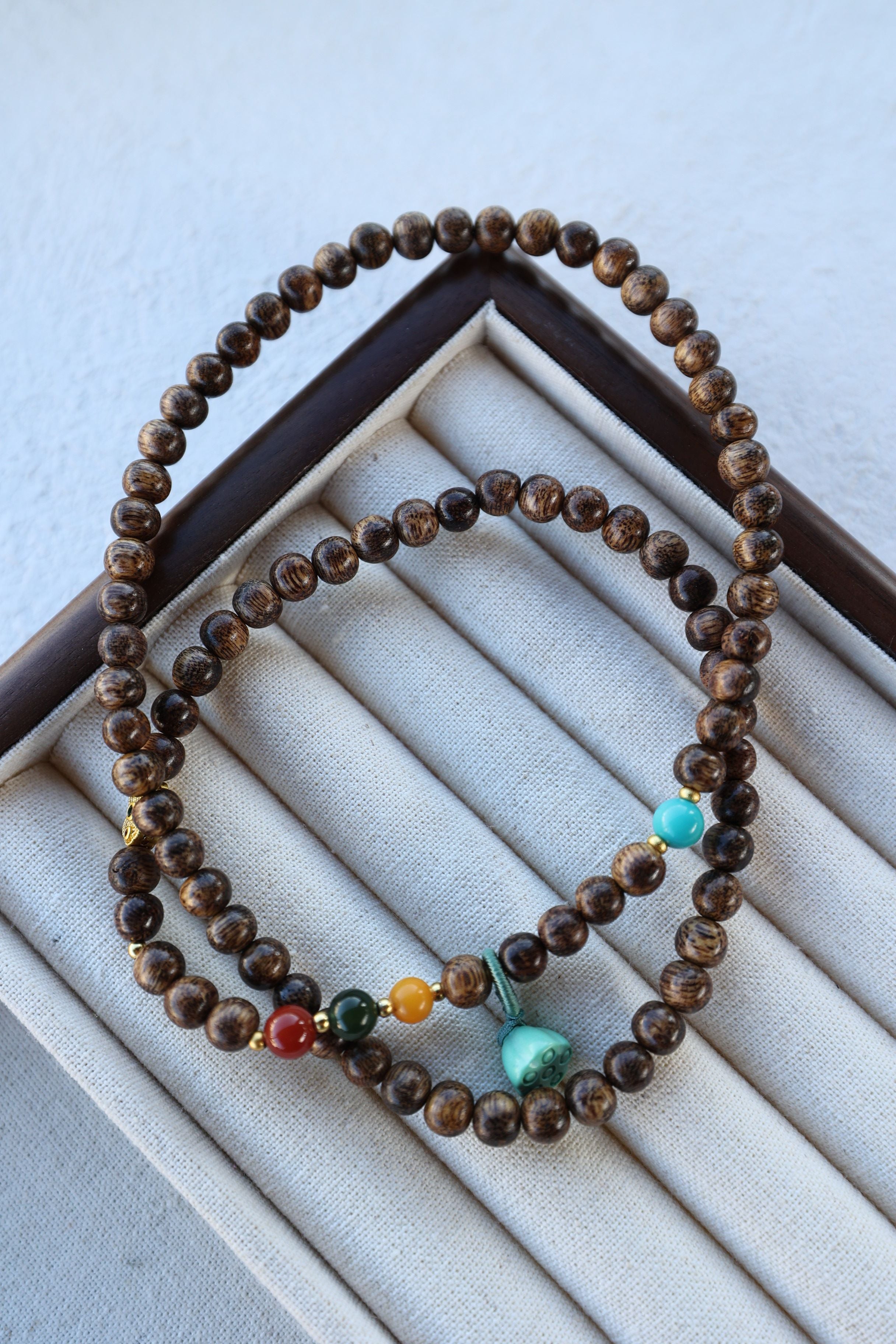 Buddhist Harmony 4-Gem Necklace/Bracelet: Agarwood, Amber, Jasper & Agate - 35cm