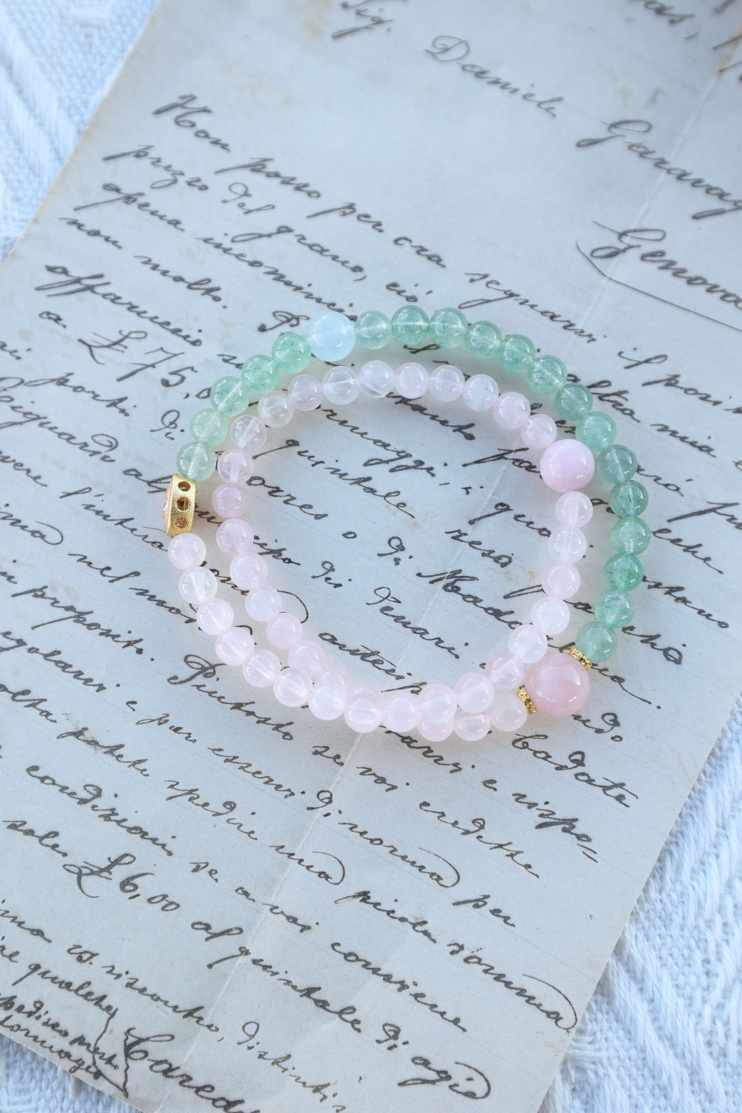 Rose Quartz, Green Strawberry Quartz, and Aquamarine Bracelet, 16cm with 8mm Beads