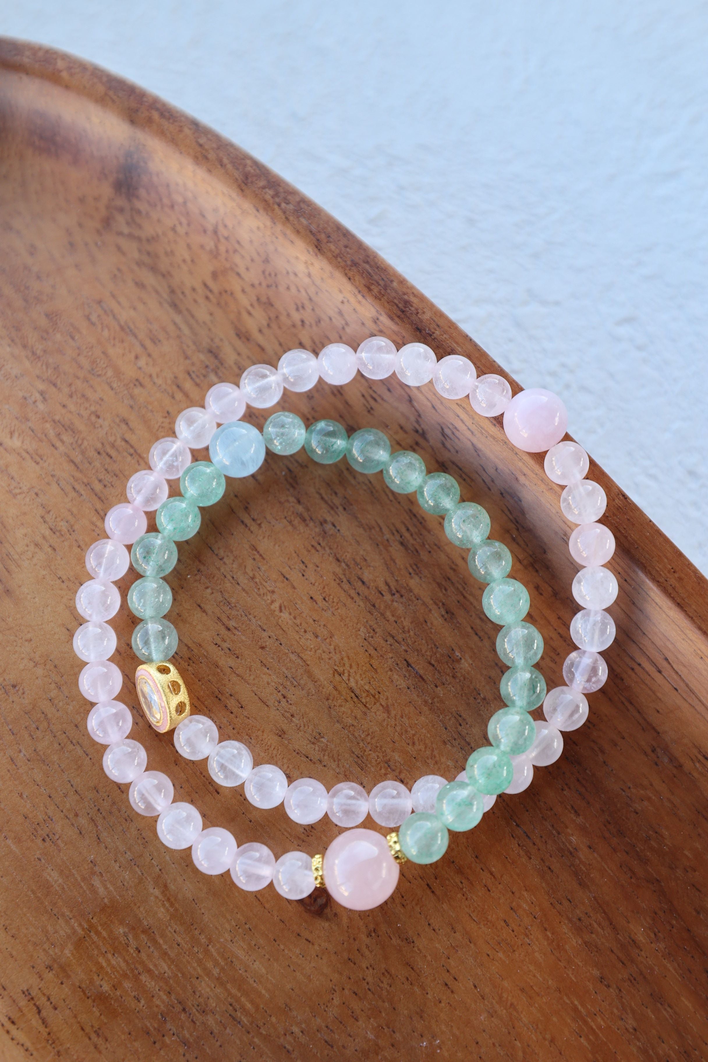 Rose Quartz, Green Strawberry Quartz, and Aquamarine Bracelet, 16cm with 8mm Beads