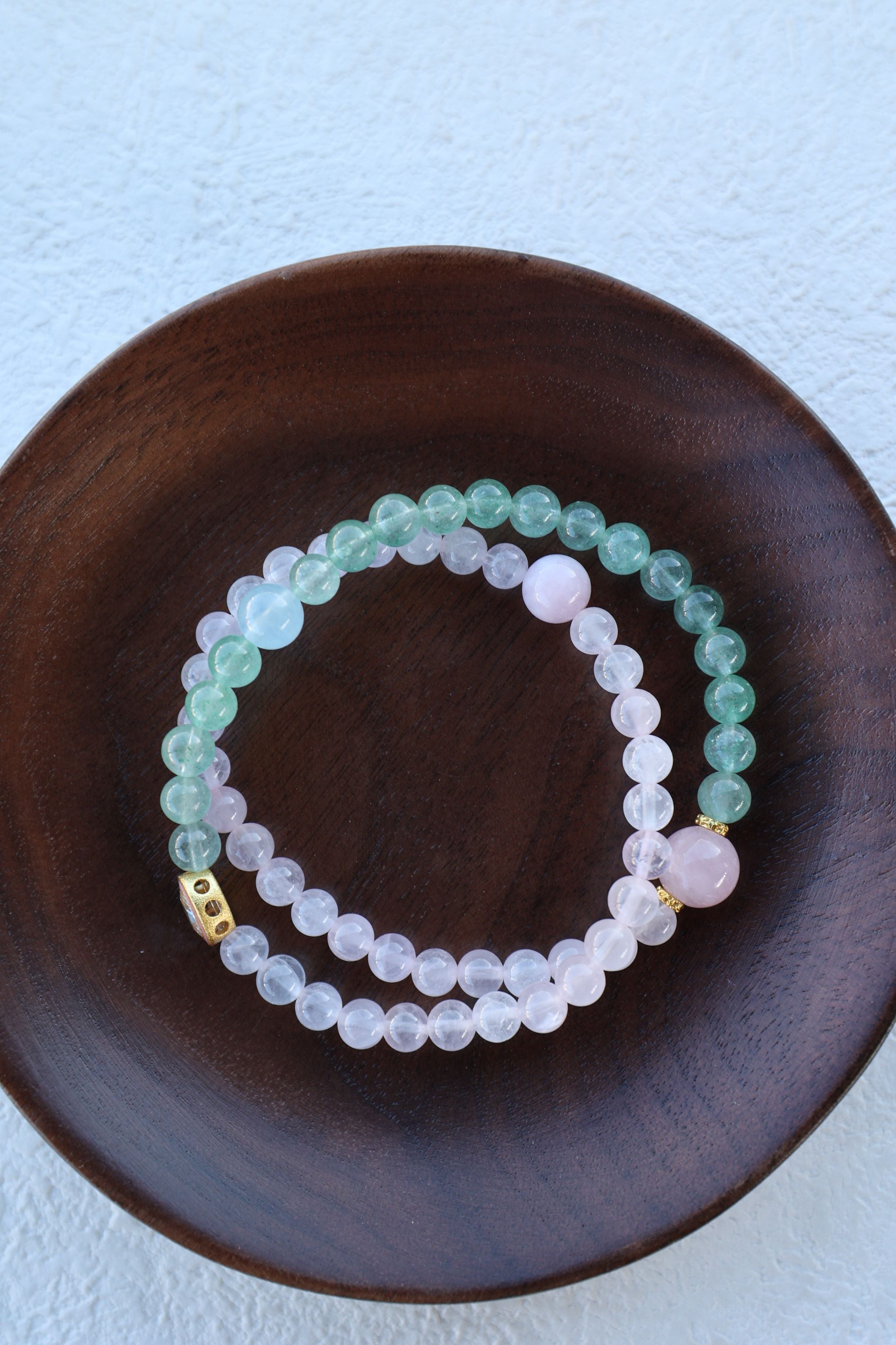 Rose Quartz, Green Strawberry Quartz, and Aquamarine Bracelet, 16cm with 8mm Beads