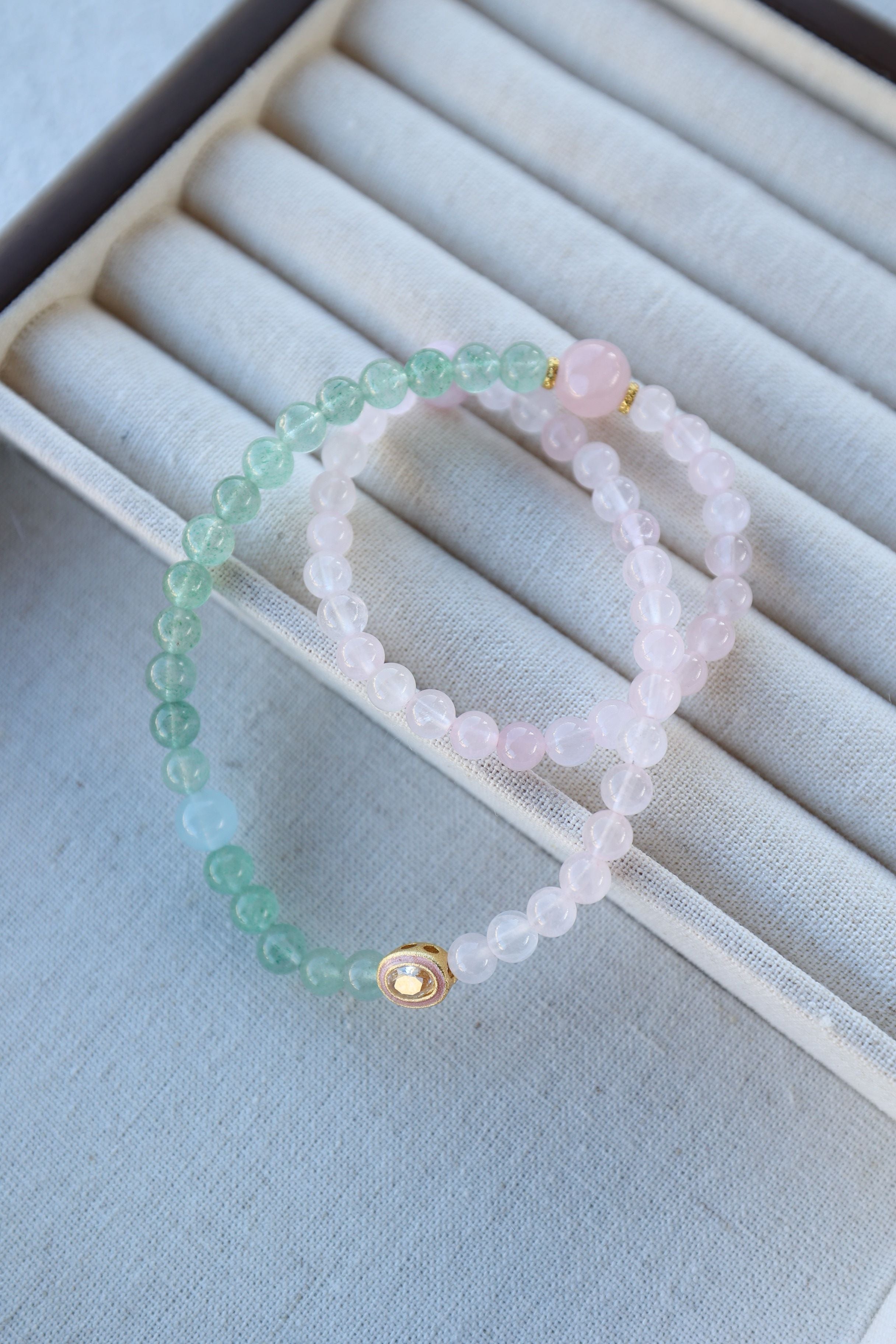 Rose Quartz, Green Strawberry Quartz, and Aquamarine Bracelet, 16cm with 8mm Beads