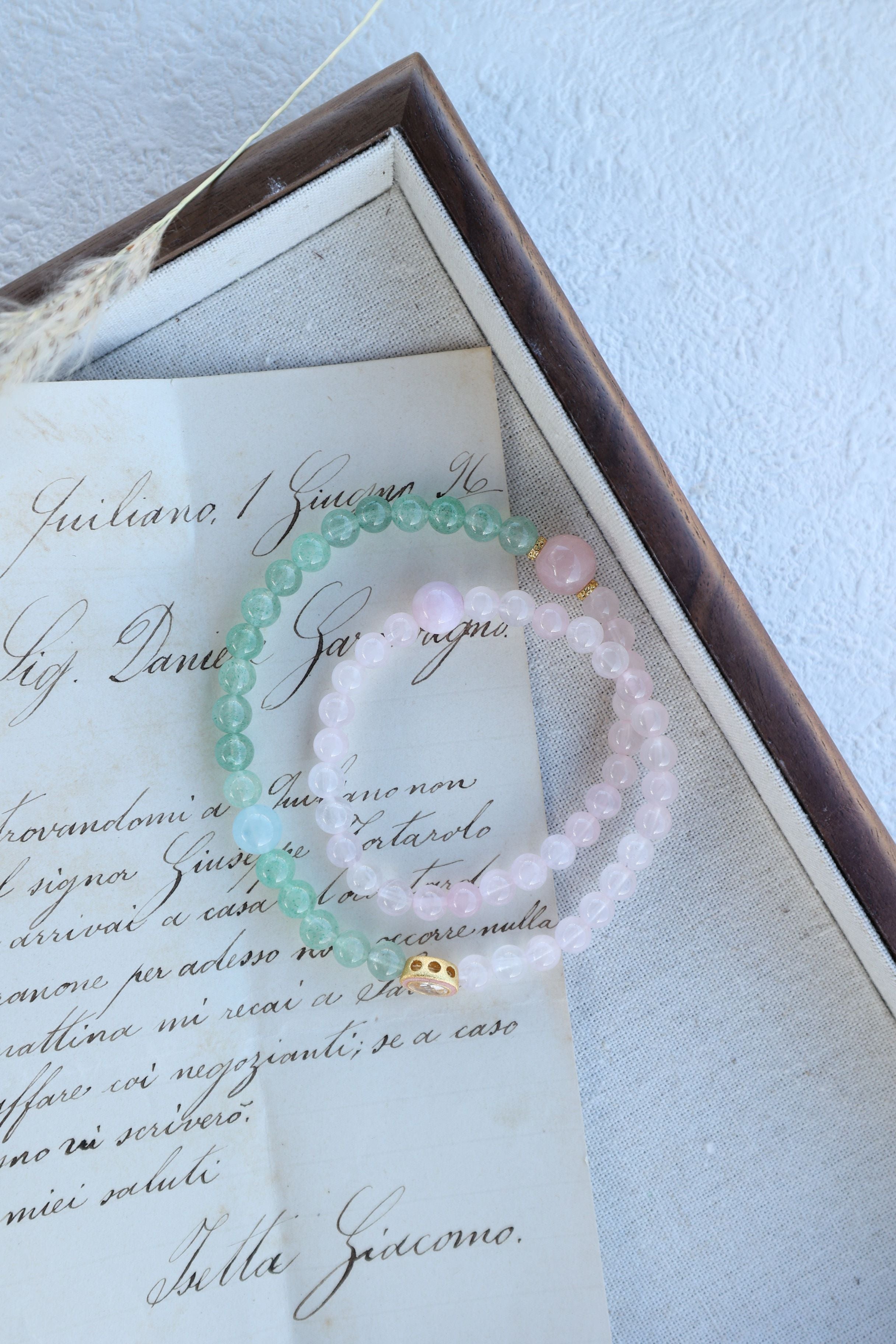 Rose Quartz, Green Strawberry Quartz, and Aquamarine Bracelet, 16cm with 8mm Beads