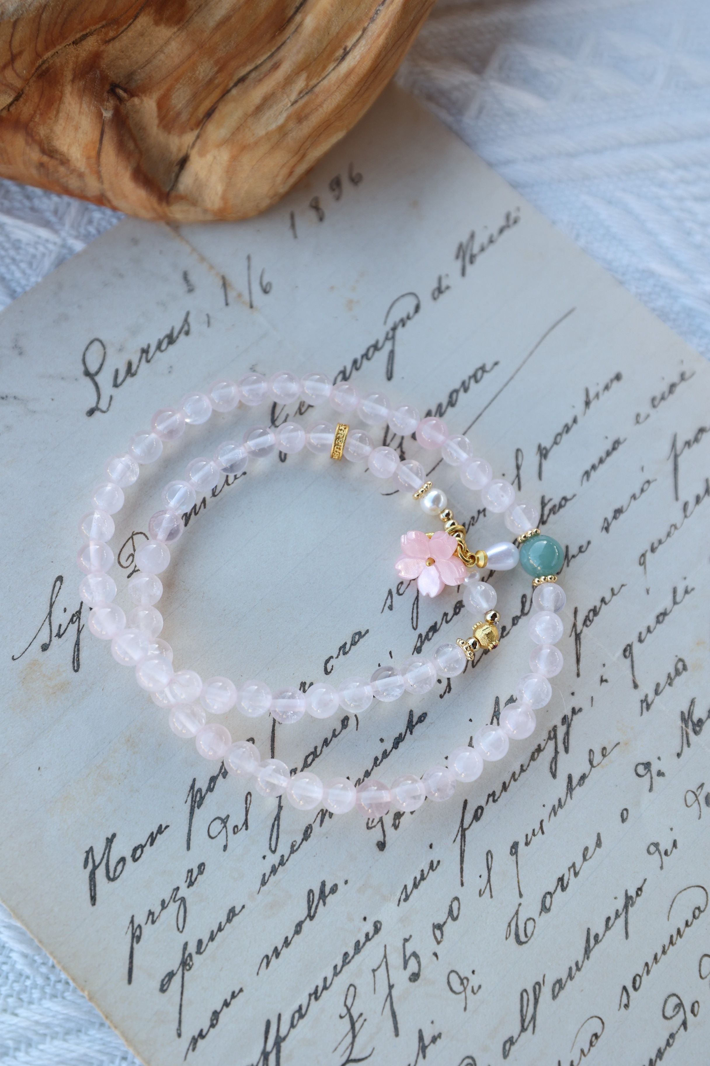 Natural Rose Quartz and Blue Jadeite Bracelet, 52cm with 8mm Beads