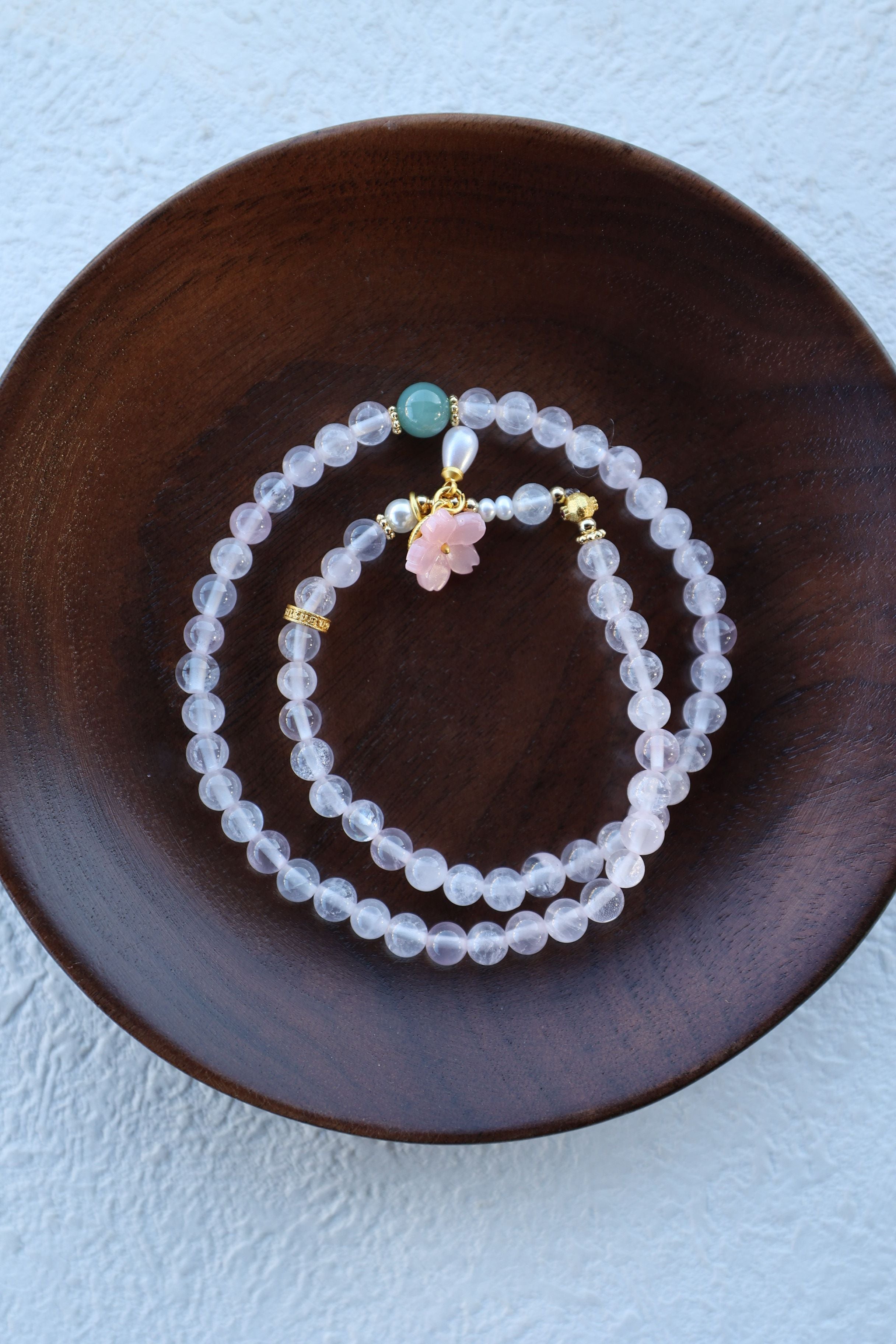 Natural Rose Quartz and Blue Jadeite Bracelet, 52cm with 8mm Beads